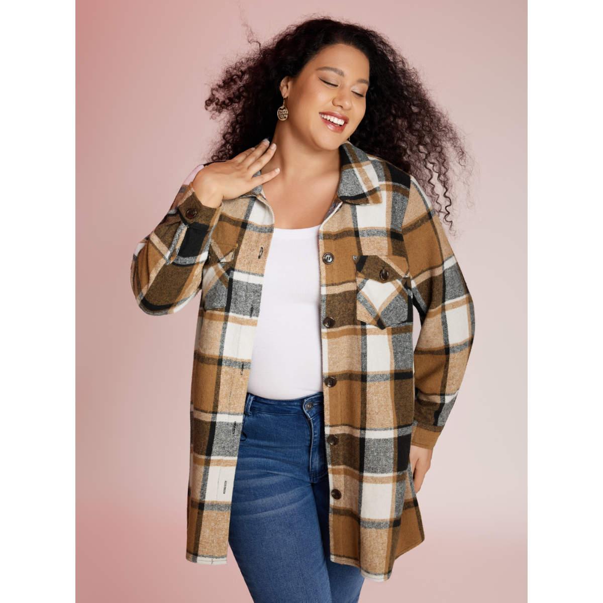 Plus Size Plaid Chest Pockets Long Jacket Women Bronze Button Loose Side seam pocket Casual Jackets BloomChic 26/4X Product Image