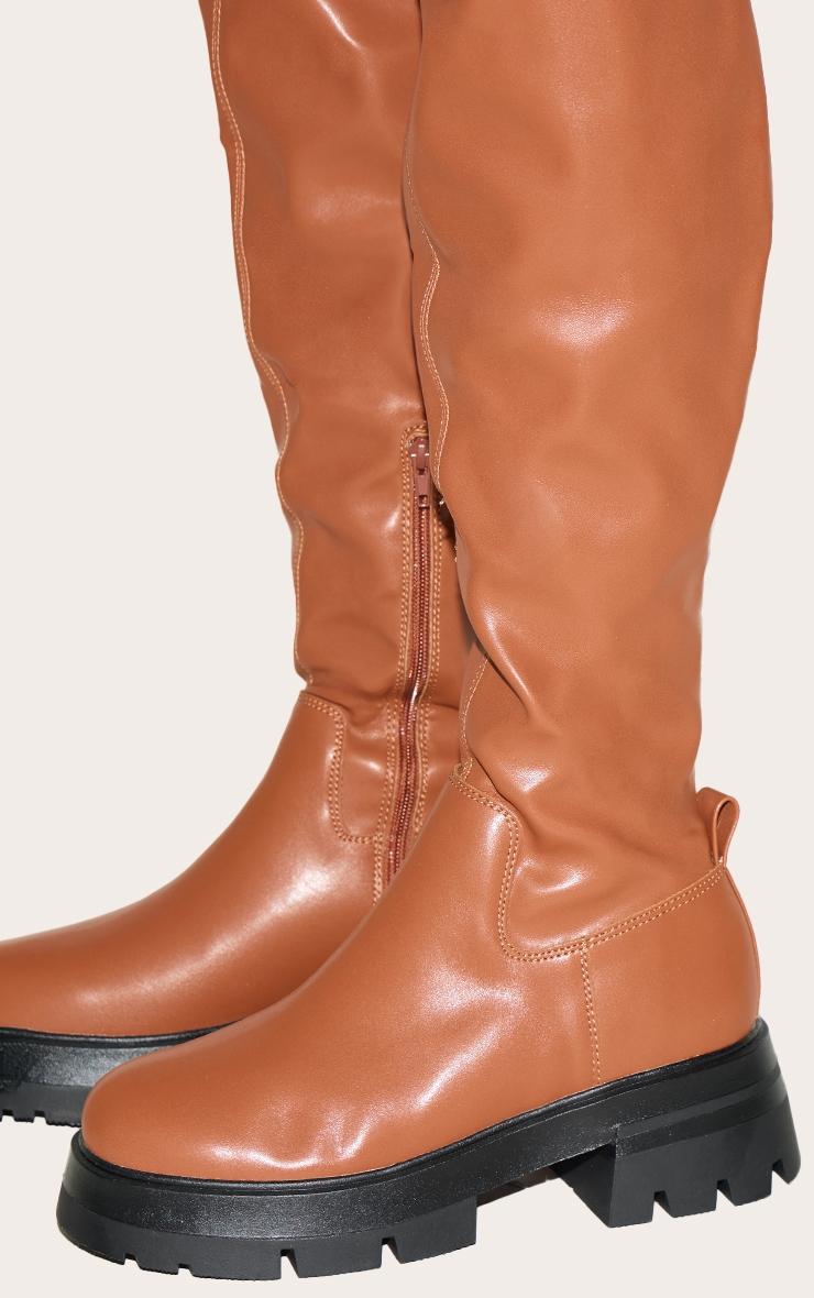 Brown PU Wide Fit Chunky Arched Sole Over The Knee Boots Product Image