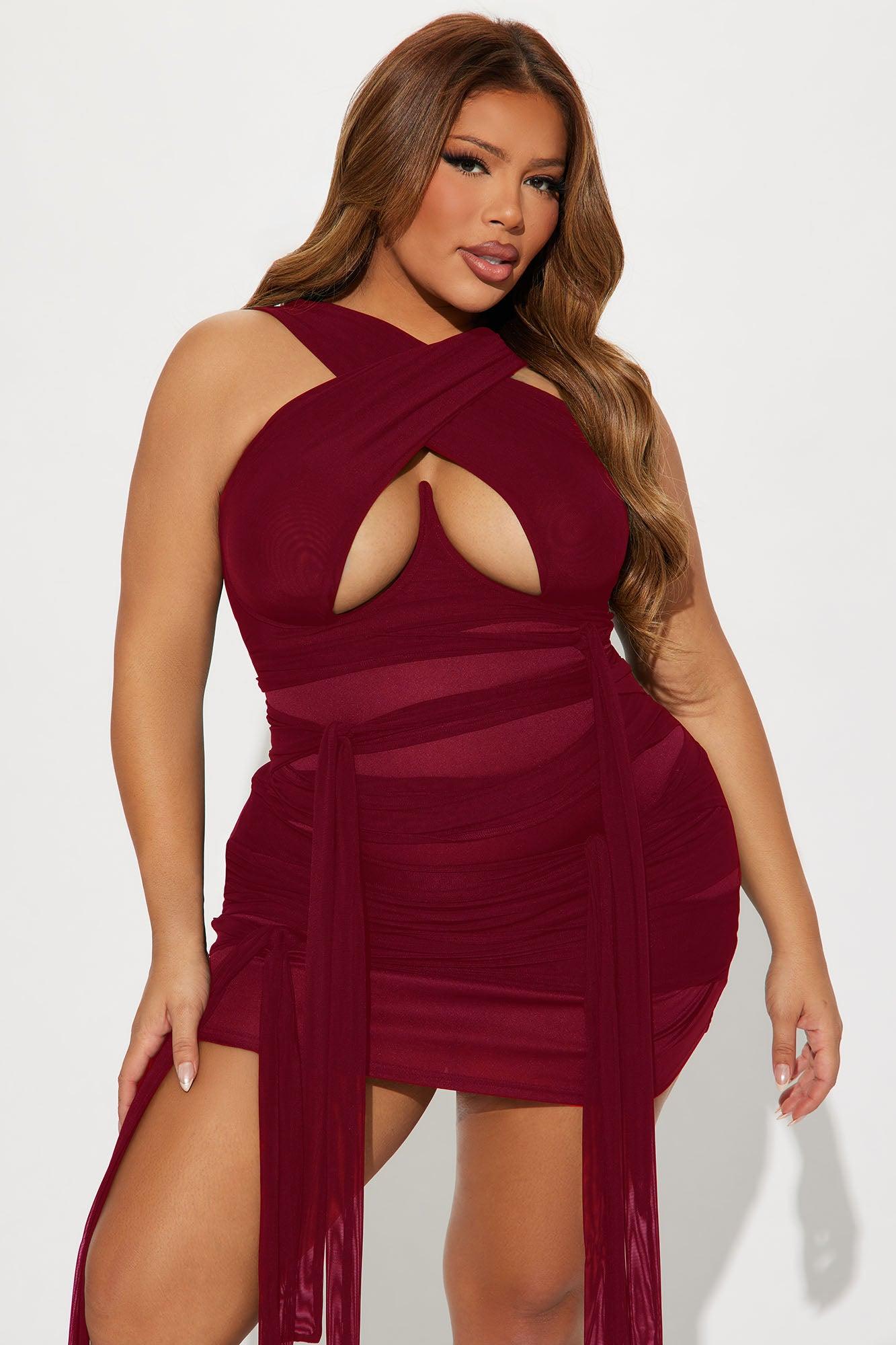 Tied To You Mesh Micro Mini Dress - DarkRed Female Product Image