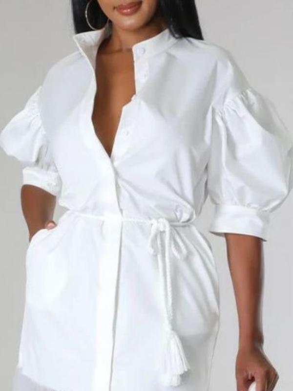 Puff Sleeves Gauze Pleated See-Through Solid Color Split-Joint Tied Waist Lapel Maxi Dresses Product Image