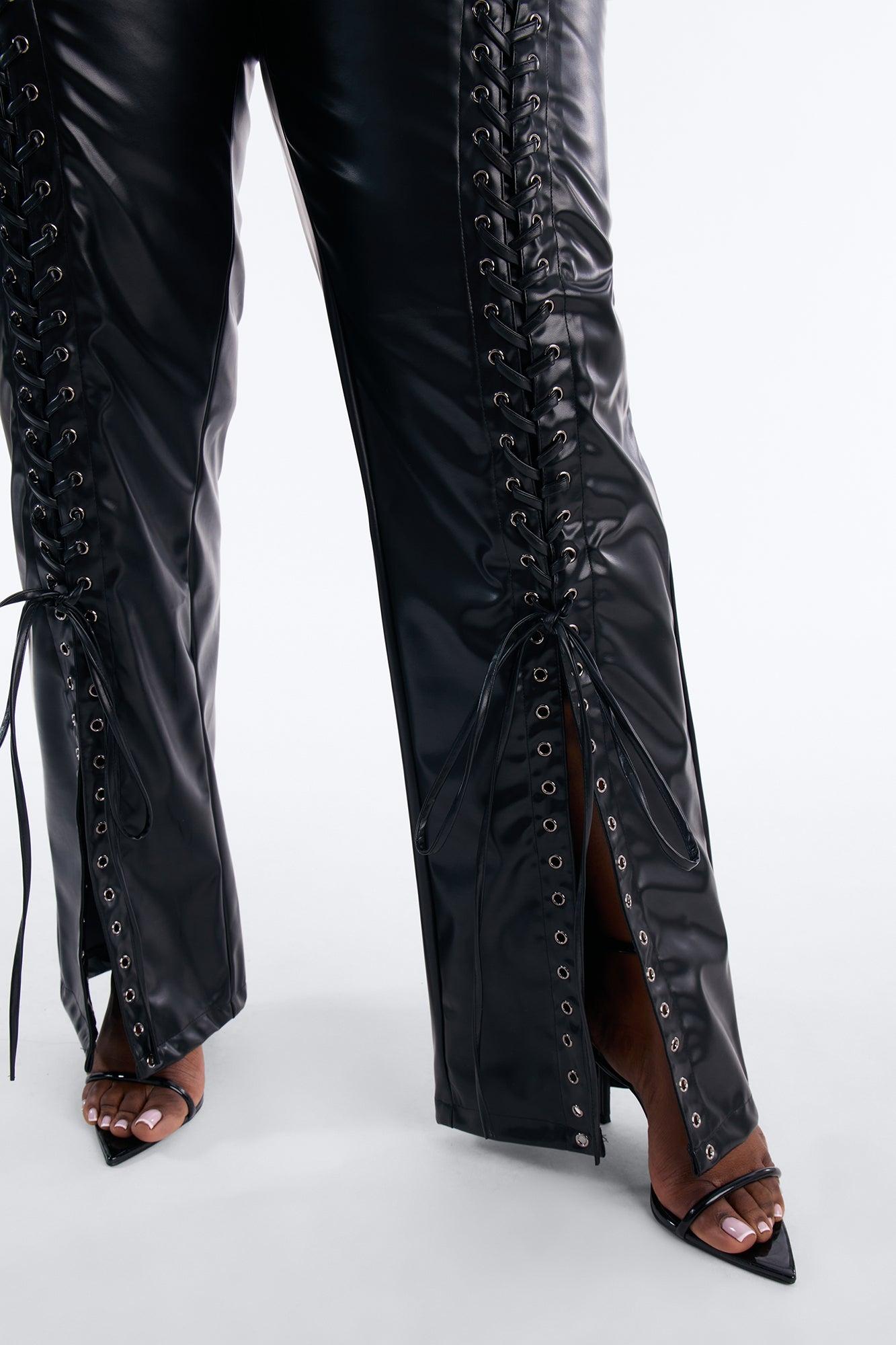 Lace Me Up Low Rise Faux Leather Flare Pant 33″ - Black Female Product Image