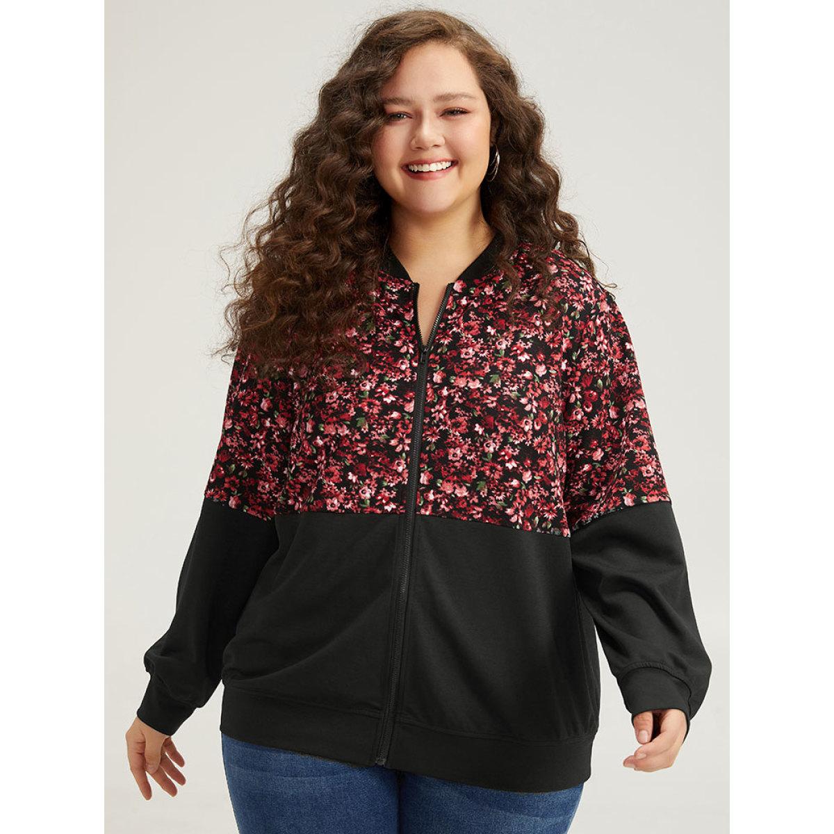 Plus Size Ditsy Floral Patchwork Zipper Elastic Cuffs Jacket Women Black Elastic cuffs Dailywear Jackets BloomChic 10/M Product Image