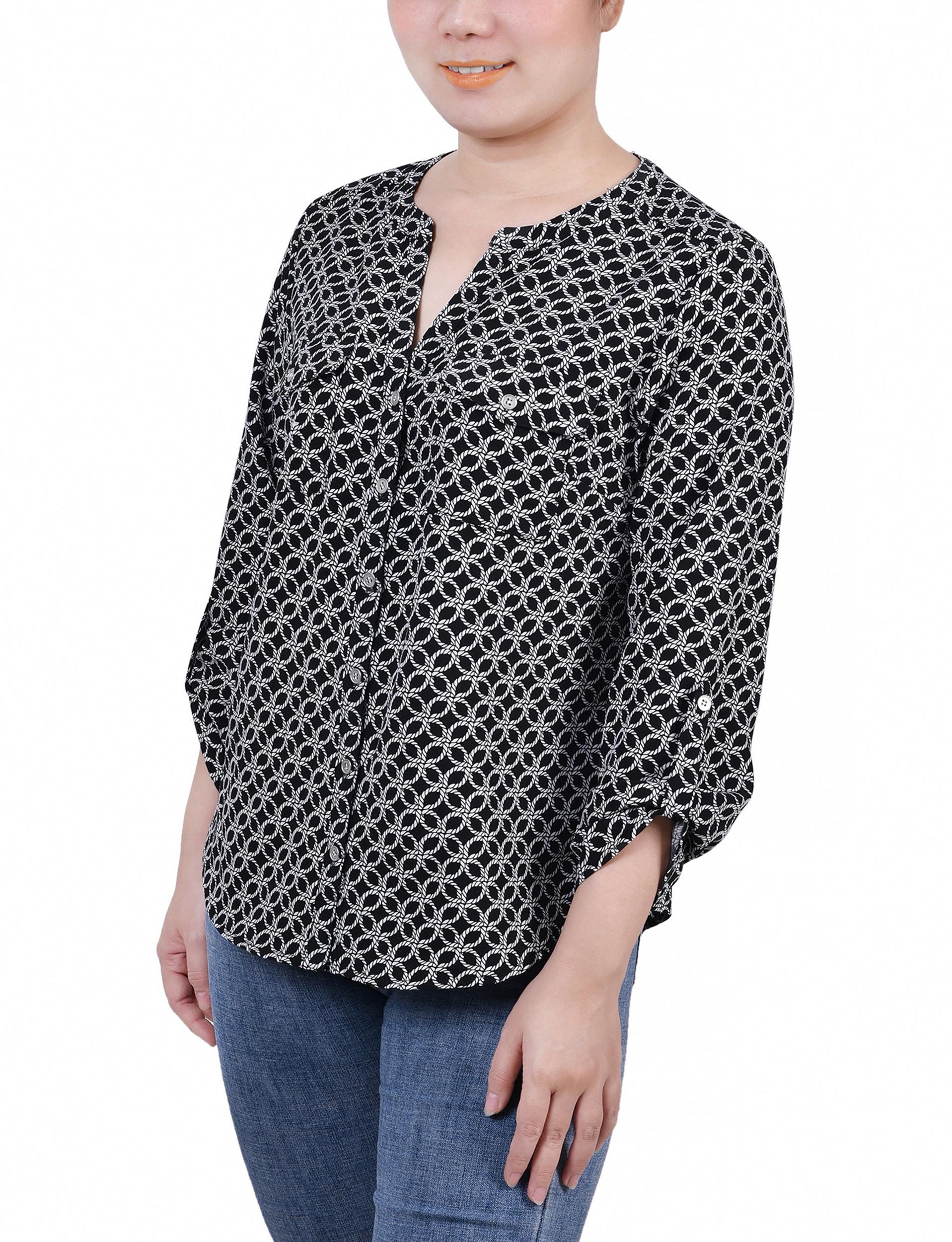 Black White Rope Iconic 3/4 Roll Tab Sleeve Mandarin Collar Blouse - Petite Product Image