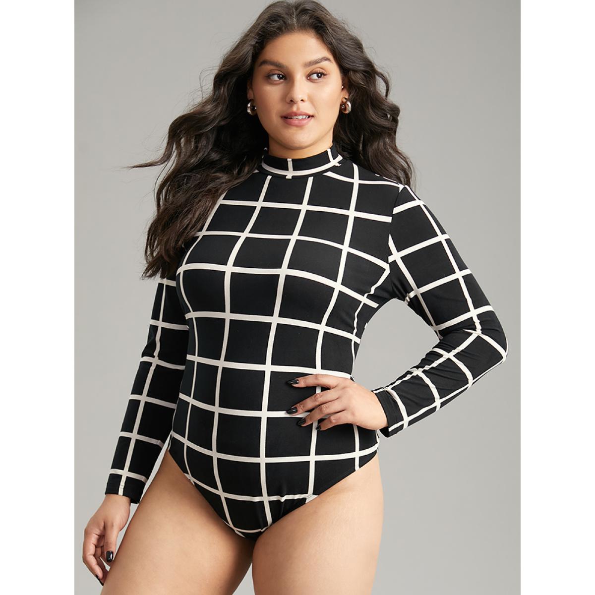Plus Size Plaid Print Mock Neck Slightly Stretchy Bodysuit Women Black Plaid Contrast Bodysuits BloomChic 12/L Product Image