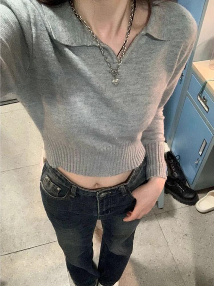Long-Sleeve Polo-Neck Plain Sweater Product Image