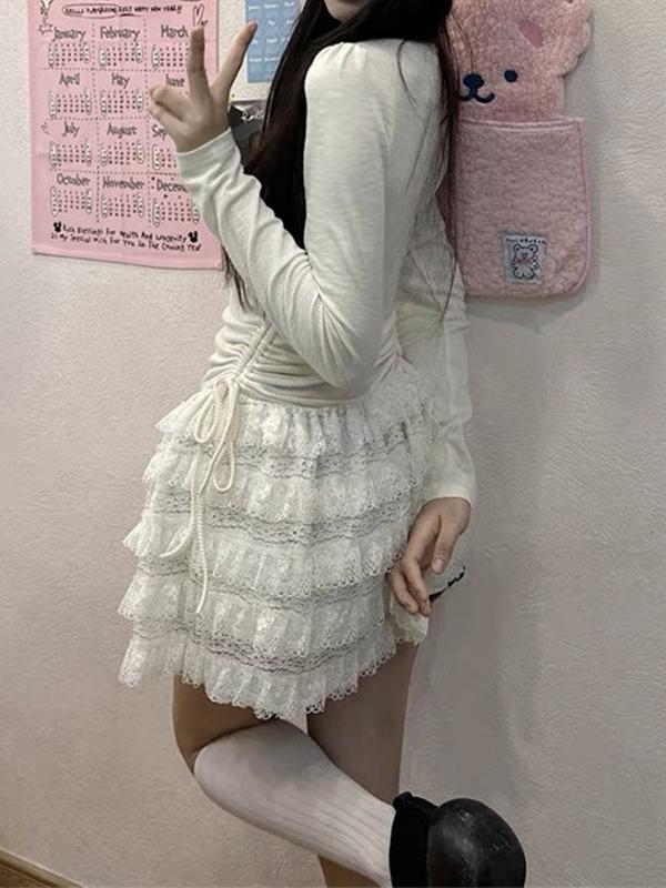 Rhinestone Print Drawstring Tiered Knit Mini Dress Product Image