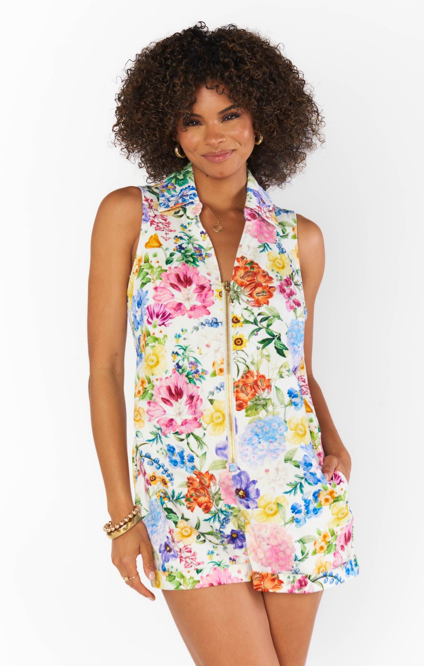 Reno Romper ~ Ivory Botanical Floral Denim Product Image