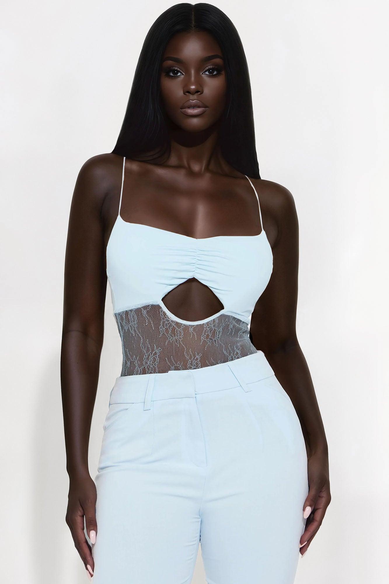 Jordyn Ruched Lace Bodysuit - Blue Female Product Image