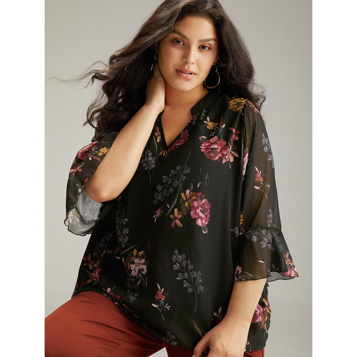 Plus Size Black Floral Mesh Ruffle Sleeve Blouse Women Elegant Long Sleeve V-neck Dailywear Blouses BloomChic 14-16/1X Product Image