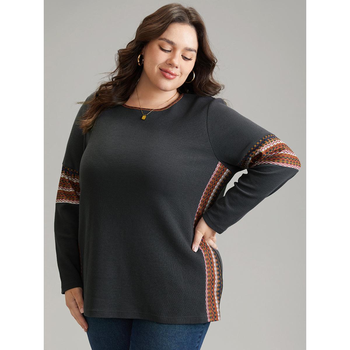 Plus Size Bandana Print Waffle Knit T-shirt DarkGray Women Elegant Waffle Knit Bohemian Print Round Neck Dailywear T-shirts BloomChic 14-16/1X Product Image