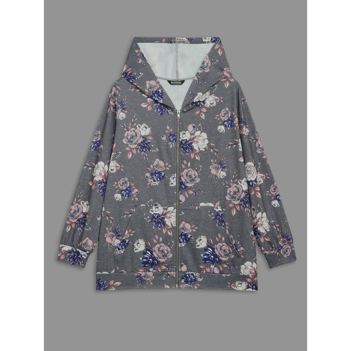 Plus Size Floral Print Zipper Front Hooded Sweatshirt Women DarkGray Casual Contrast Loose Hooded Everyday Sweatshirts BloomChic 26/4X Product Image