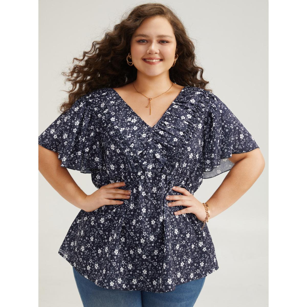 Plus Size Indigo Ditsy Floral Flutter Sleeve Ruched Blouse Women Elegant Short sleeve V-neck Dailywear Blouses BloomChic 26/4X Product Image