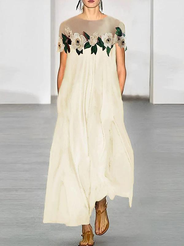 Loose Short Sleeves Flower-Embellished Split-Joint Round-Neck Maxi Dresses Product Image