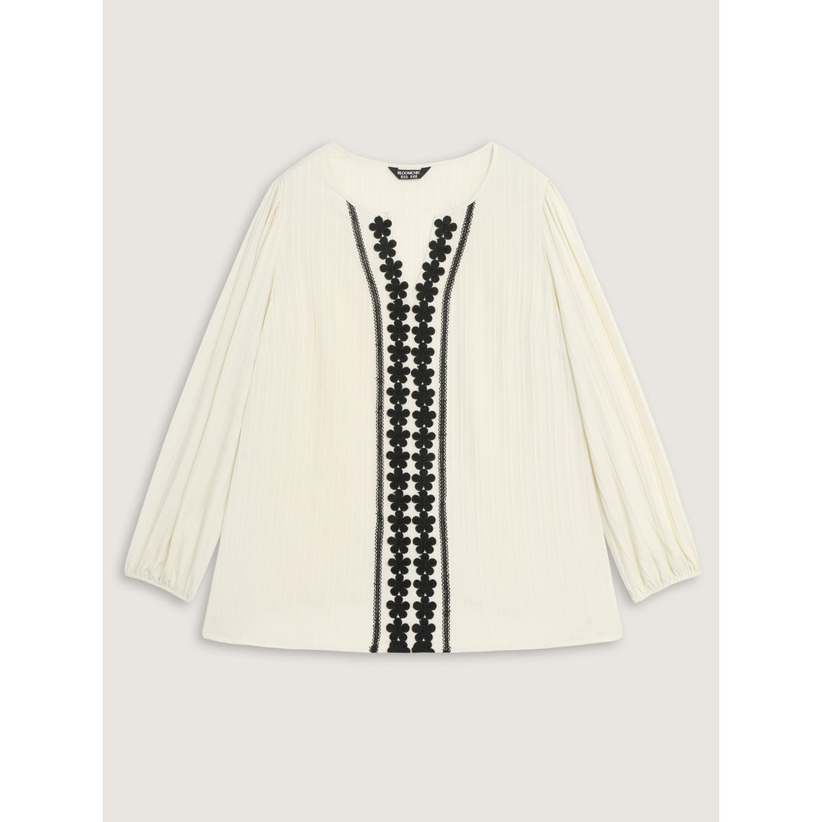 Plus Size Beige Lace Spliced Textured Lantern Sleeve Blouse Women Long Sleeve Notched collar Vacation Blouses BloomChic 18-20/2X Product Image