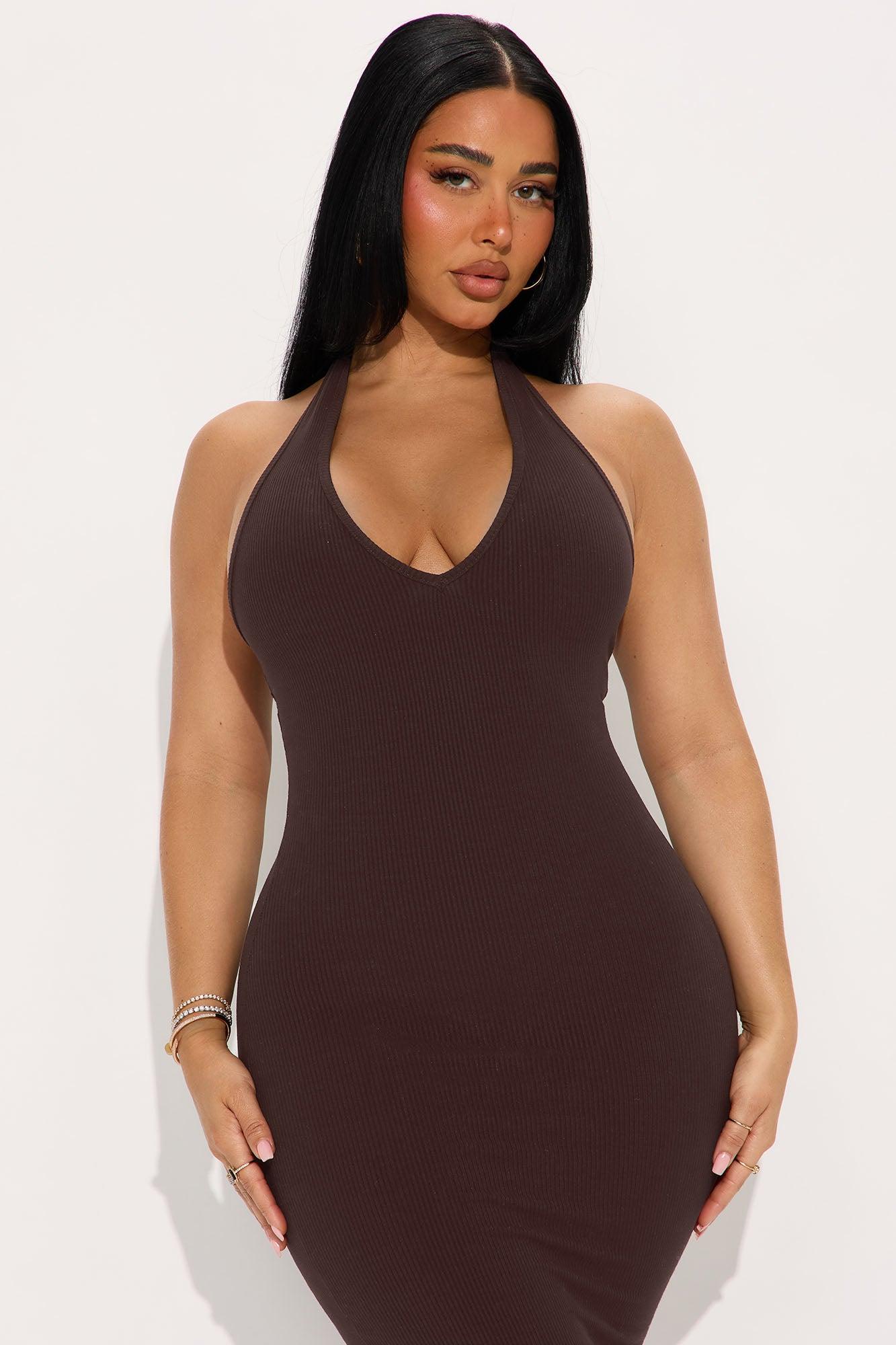 Celeste Snatched Halter Midi Dress - Chocolate Female Product Image