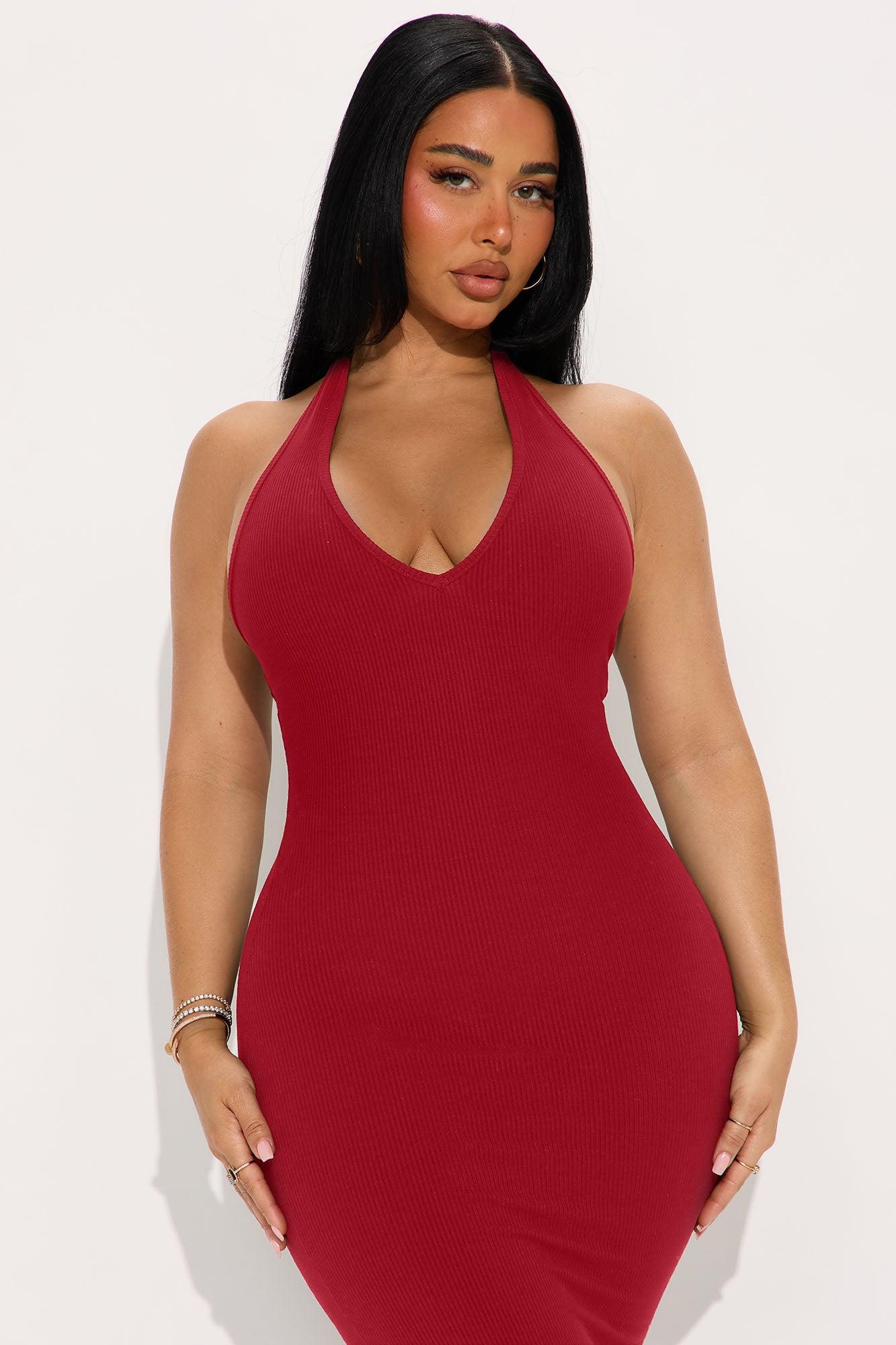 Celeste Snatched Halter Midi Dress - Red Female Product Image
