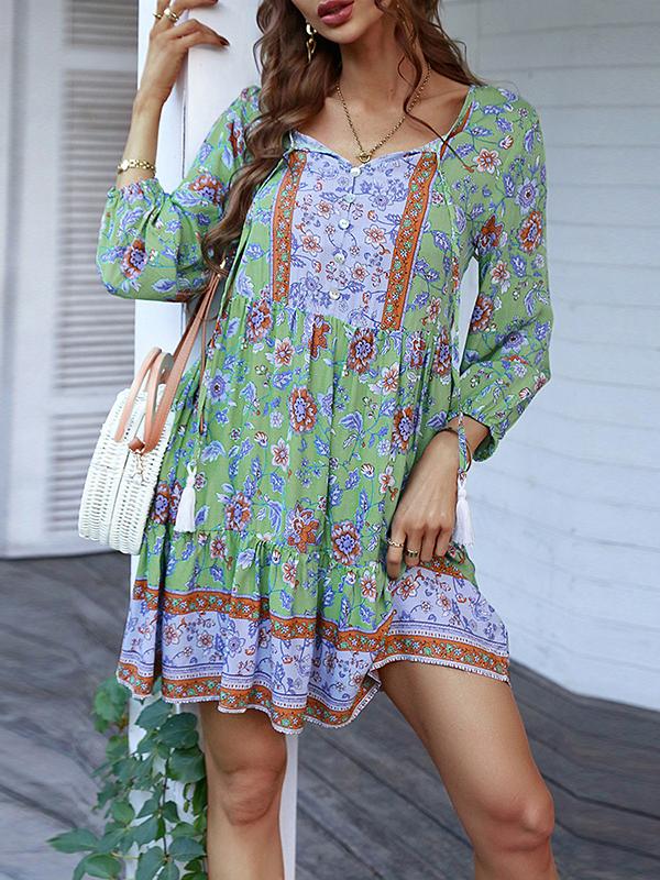 A-Line Loose Buttoned Contrast Color Flower Print Pleated V-Neck Mini Dresses Product Image