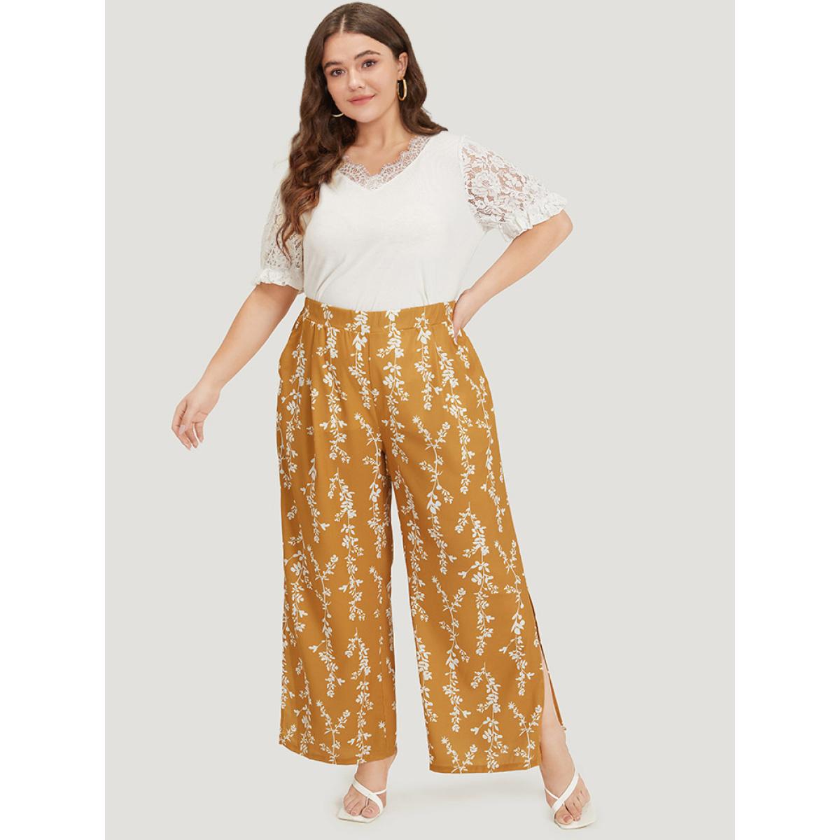 Plus Size Silhouette Floral Print Pocket Split Side Pants Women Yellow Elegant Straight Leg High Rise Dailywear Pants BloomChic 14-16/1X Product Image
