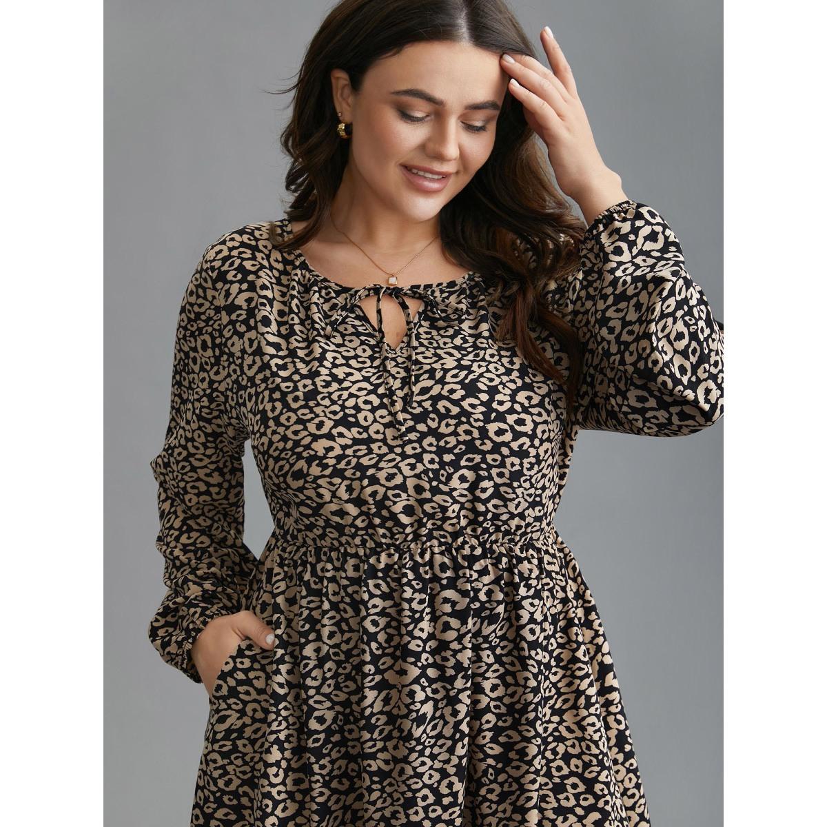 Plus Size Leopard Print Tiered Hem Pockets Midi Dress BlackFlower Women Elegant Tie knot V-neck Long Sleeve Curvy BloomChic 28/5X Product Image