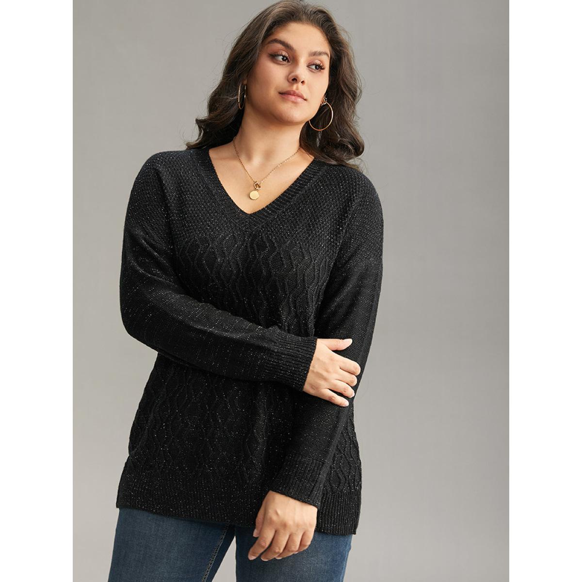 Plus Size Plain Sparkly V Neck Loose Pullover Black Women Casual Long Sleeve V-neck Everyday Pullovers BloomChic 10/M Product Image