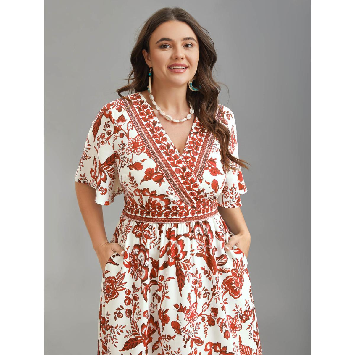 Plus Size Floral Print Wrap-Neck Pocket Midi Dress Rust Women Resort Non Overlap Collar Short sleeve Curvy BloomChic 30/6X Product Image