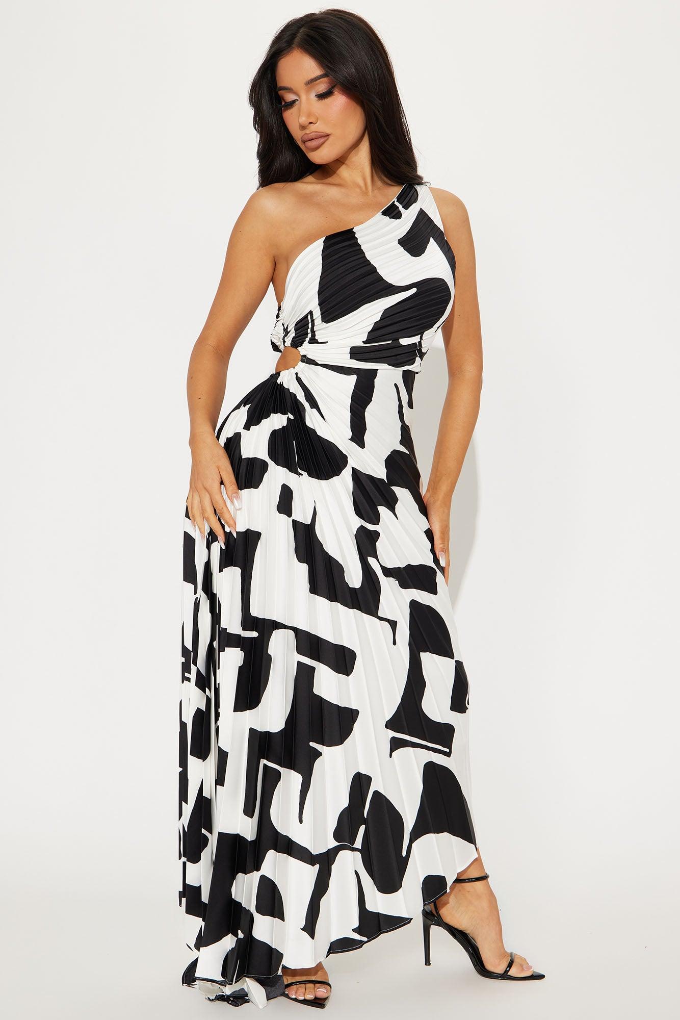 Tia Satin Midi Dress - Black/White Product Image