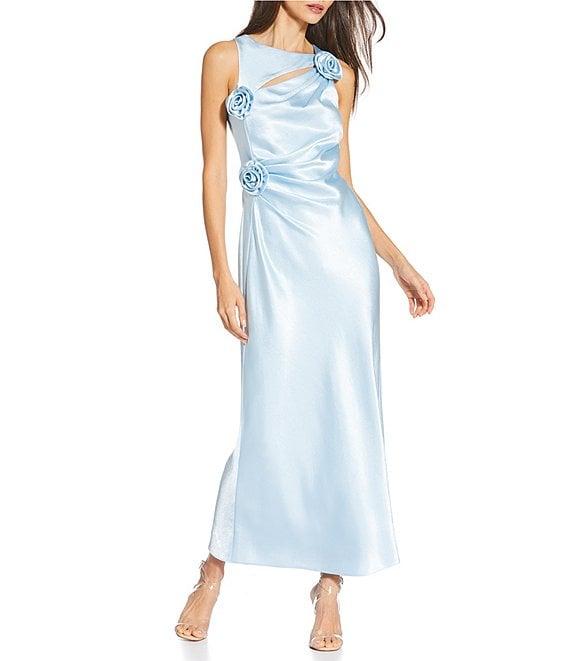 Gianni Bini Cheyanne Satin 3D Rosettes Cutout Round Neck Sleeveless Ruched Slip Maxi Dress Product Image