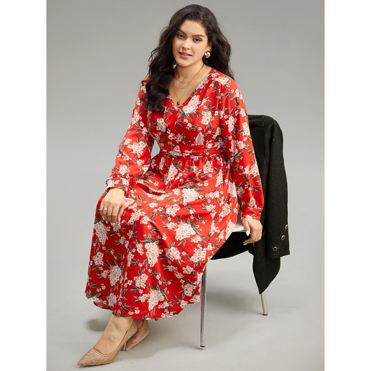Plus Size Floral Print Ruched Pocket Pleated Dress Red Women Elegant Printed V-neck Long Sleeve Curvy Midi Dress BloomChic 14-16/1X Product Image