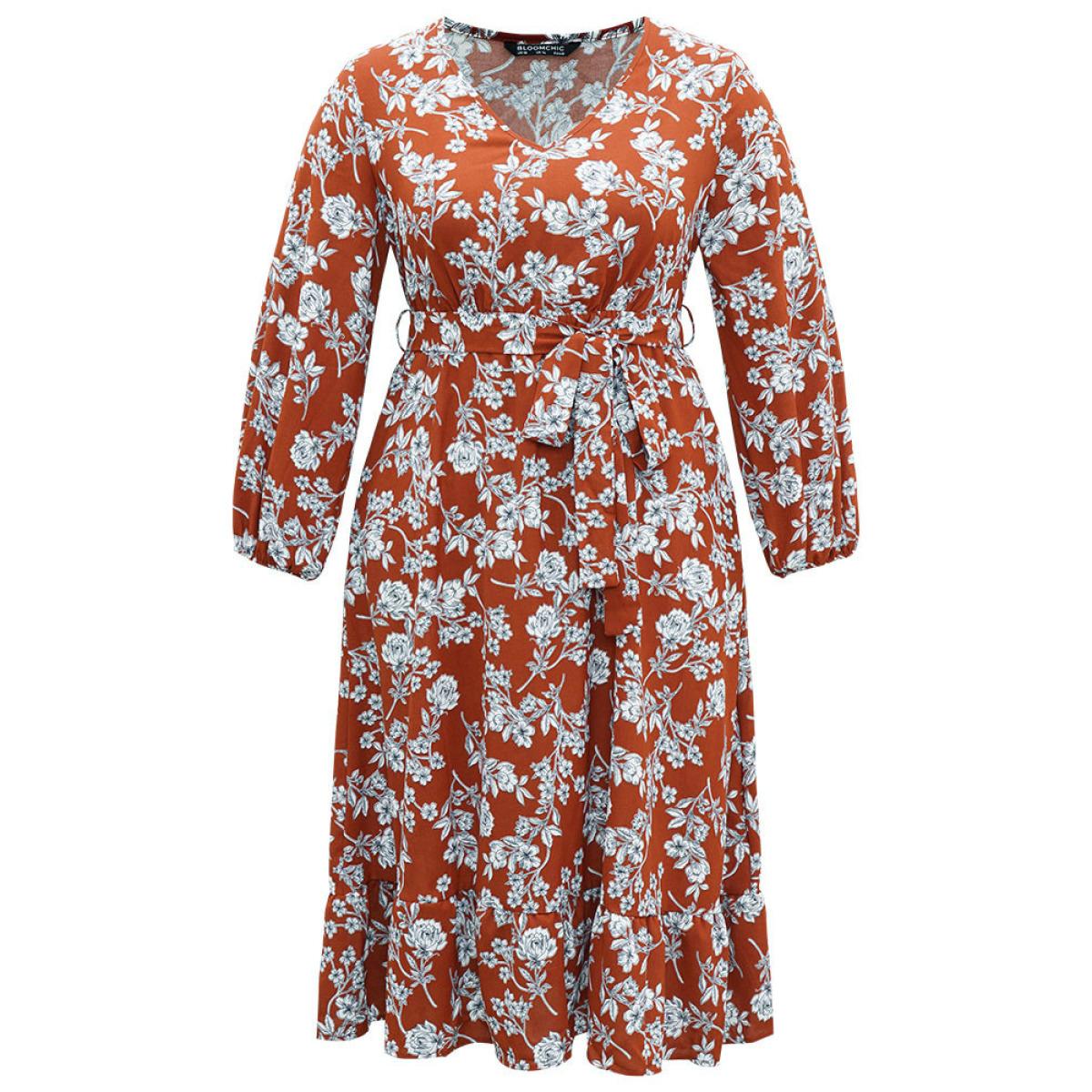 Plus Size Floral Print Elastic Cuffs Ruffle Hem Dress Rust Women Elegant Elastic cuffs V-neck Long Sleeve Curvy Midi Dress BloomChic 14-16/1X Product Image