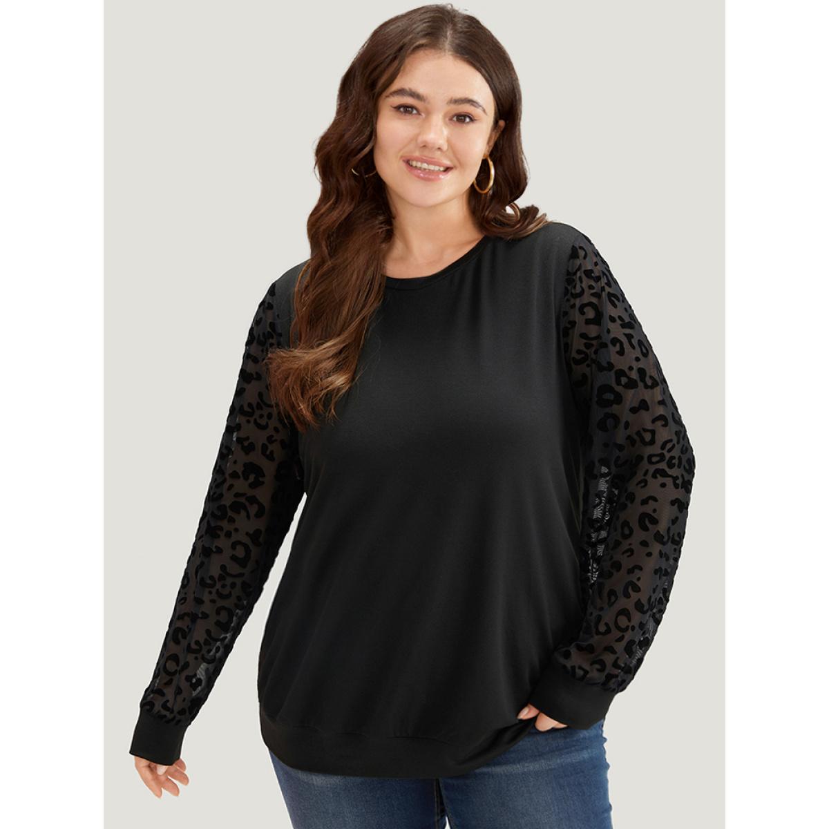 Plus Size Leopard Mesh Patchwork Round Neck Sweatshirt Women Black Elegant Elastic cuffs Round Neck Dailywear Sweatshirts BloomChic 12/L Product Image
