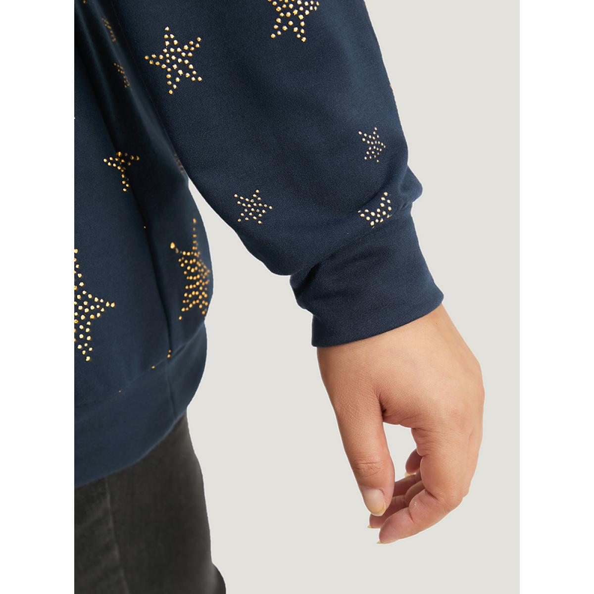 Plus Size Star Glitter Print V Neck Elastic Cuffs Sweatshirt Women Indigo Casual Elastic cuffs V-neck Dailywear Sweatshirts BloomChic 12/L Product Image