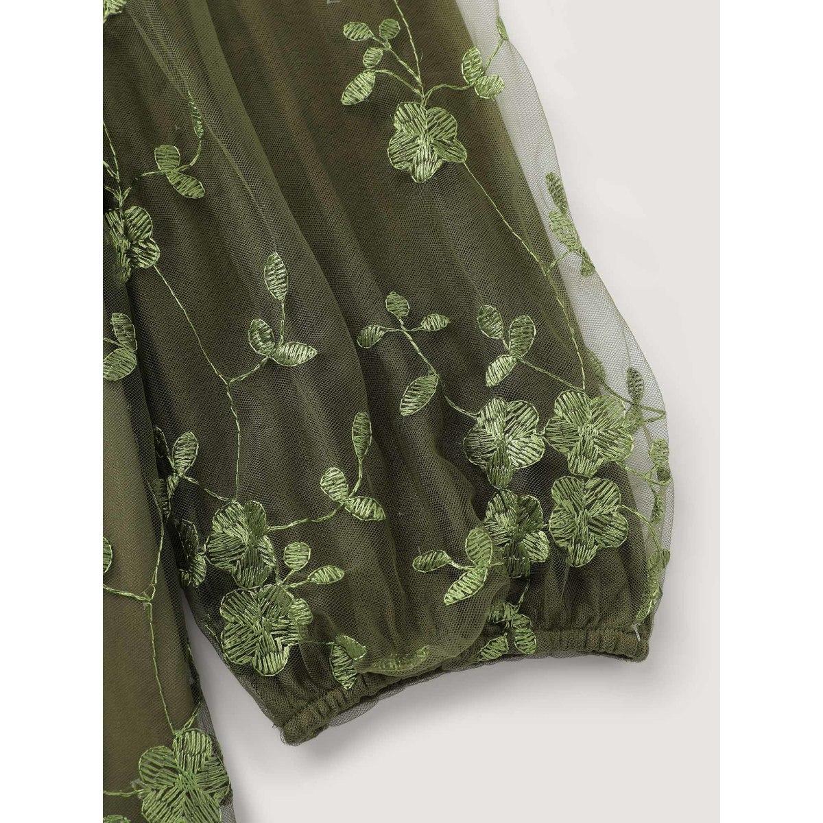 Plus Size Floral Embroidered Shirred Lined Midi Dress ArmyGreen Women Formal Embroidered Round Neck Extra Long Sleeve Curvy BloomChic 28/5X Product Image