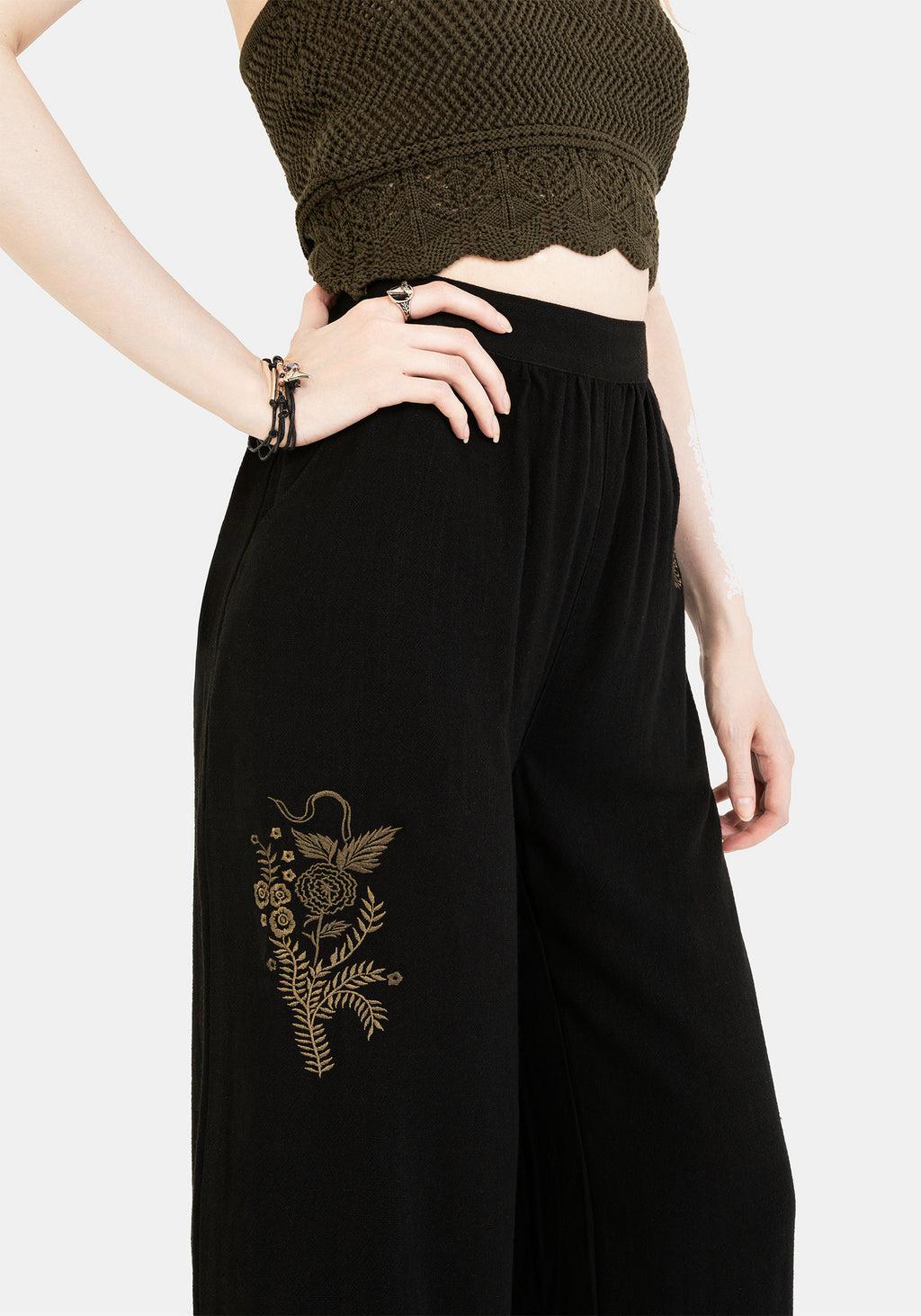 Foliate Linen-Blend Embroidered Wide Leg Trousers - Black Product Image
