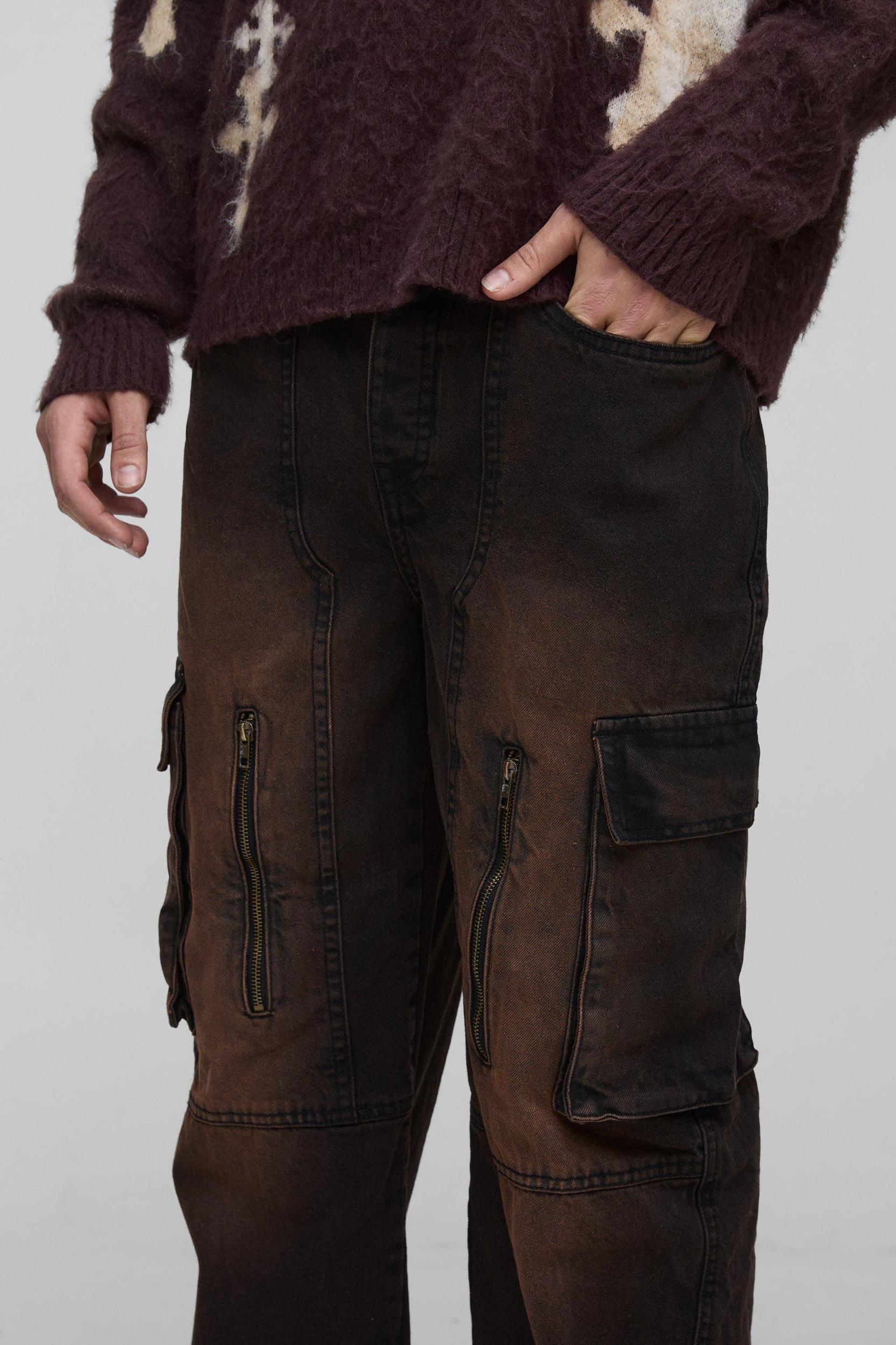 Relaxed Rigid Acid Wash Cargo Carpenter Denim Jeans | boohooMAN USA Product Image