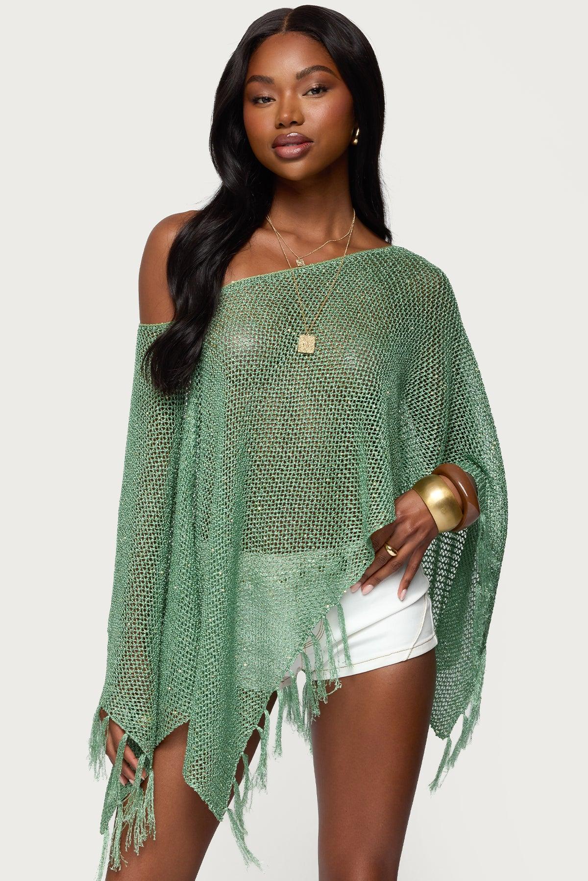 Sequin Fringe Knit Poncho Product Image