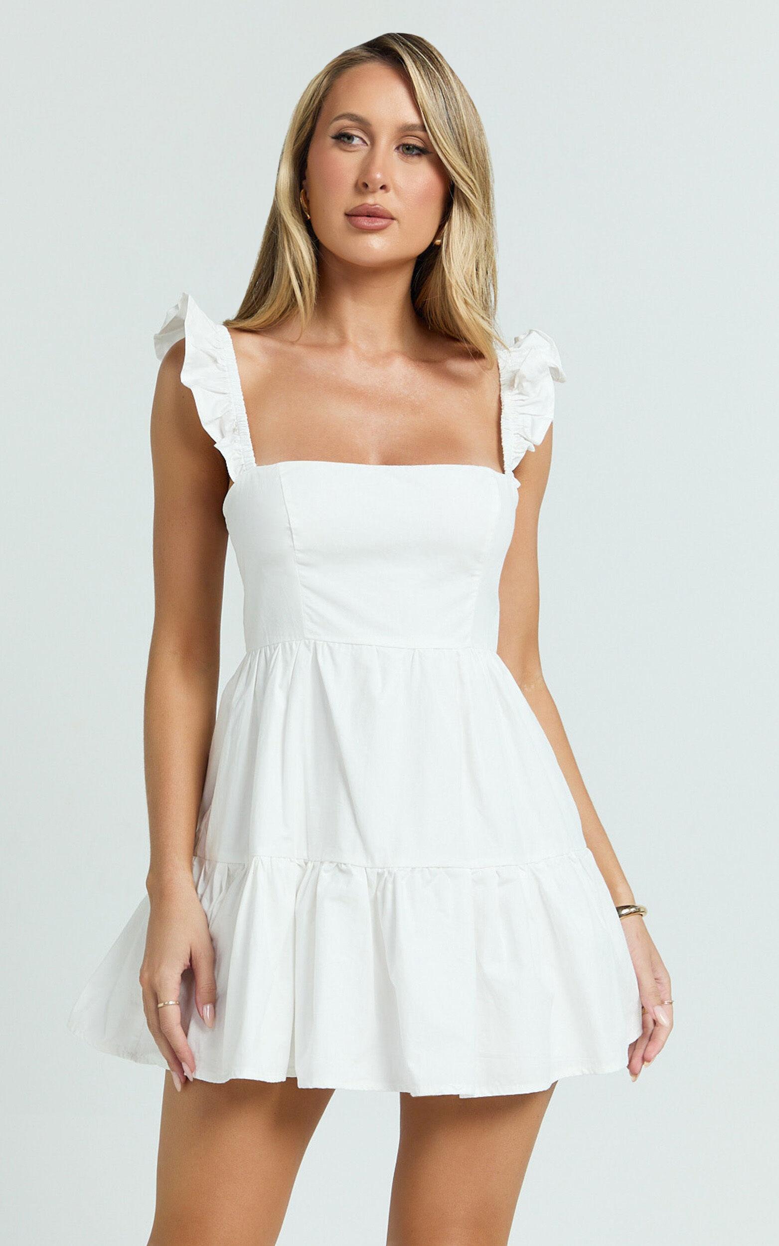 Miles Mini Dress - Ruffle Sleeve Tiered Dress in White Product Image