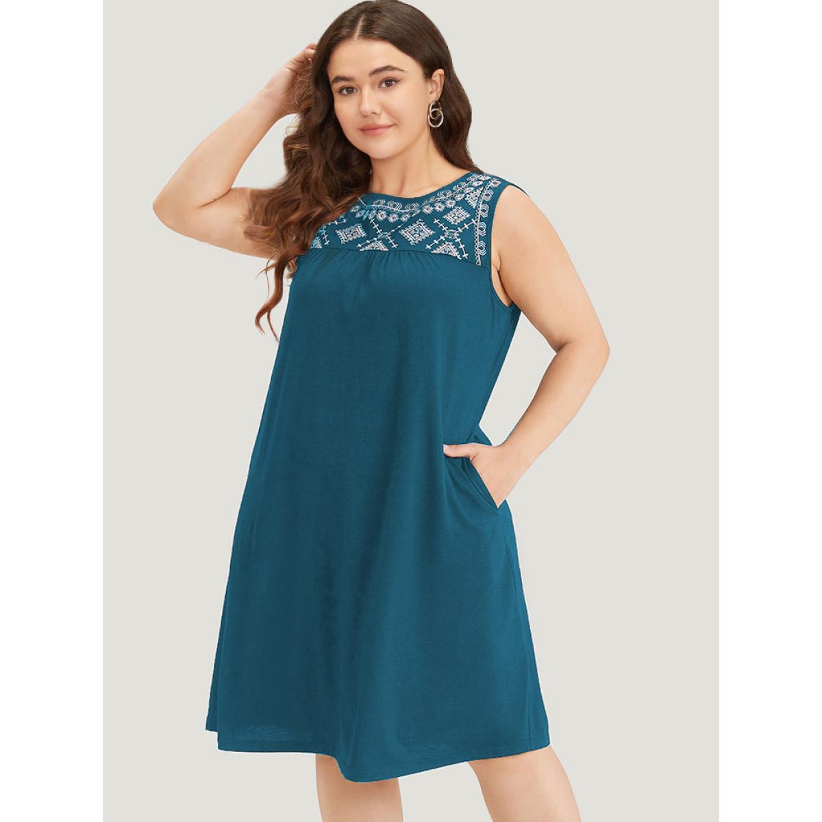 Plus Size Embroidered Pocket Patchwork Tank Midi Dress Aegean Women Casual Plain Round Neck Sleeveless Curvy Knee Dress BloomChic 10/M Product Image