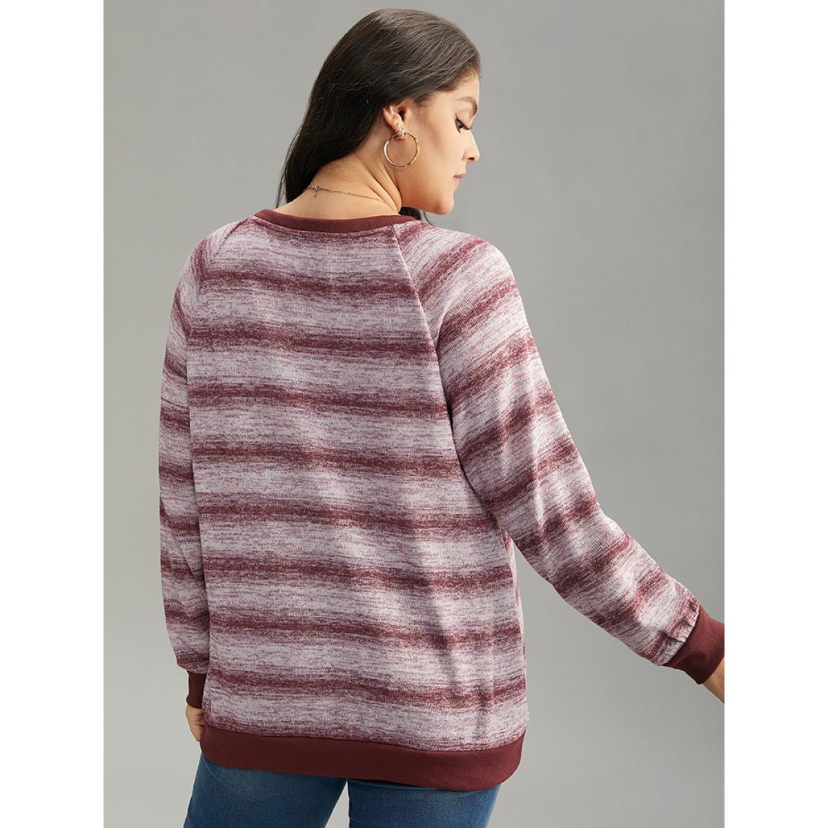 Plus Size Striped Ombre Rib Knit Elastic Cuffs Sweatshirt Women Burgundy Casual Rib Knit V-neck Dailywear Sweatshirts BloomChic 28/5X Product Image