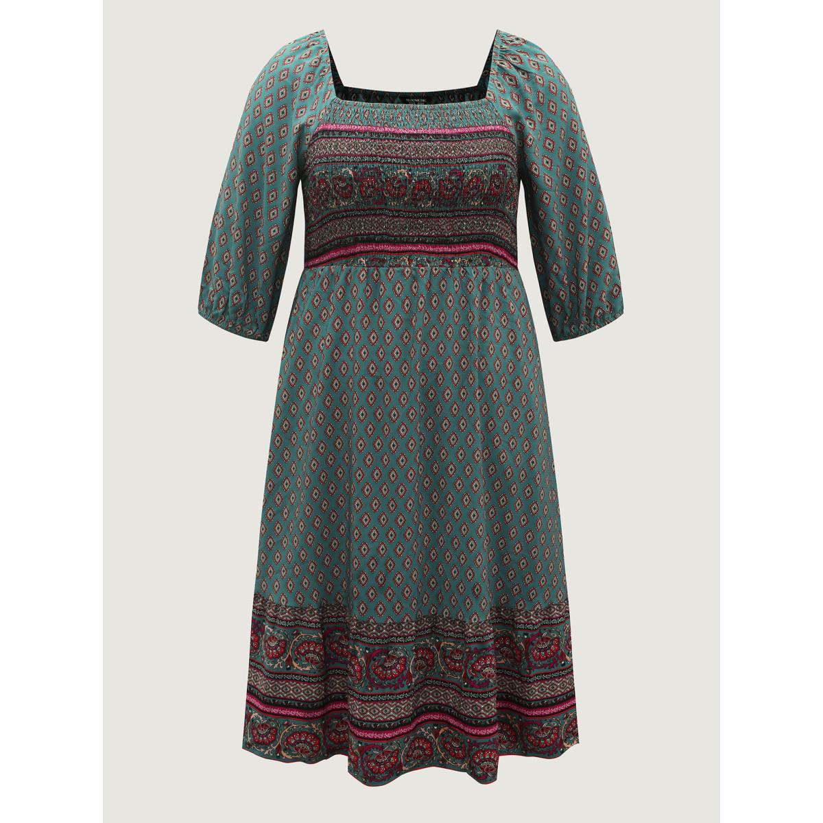 Plus Size Paisley Print Shirred Bodice Midi Dress Teal Women Boho Square Neck Elbow-length sleeve Curvy BloomChic 26/4X Product Image