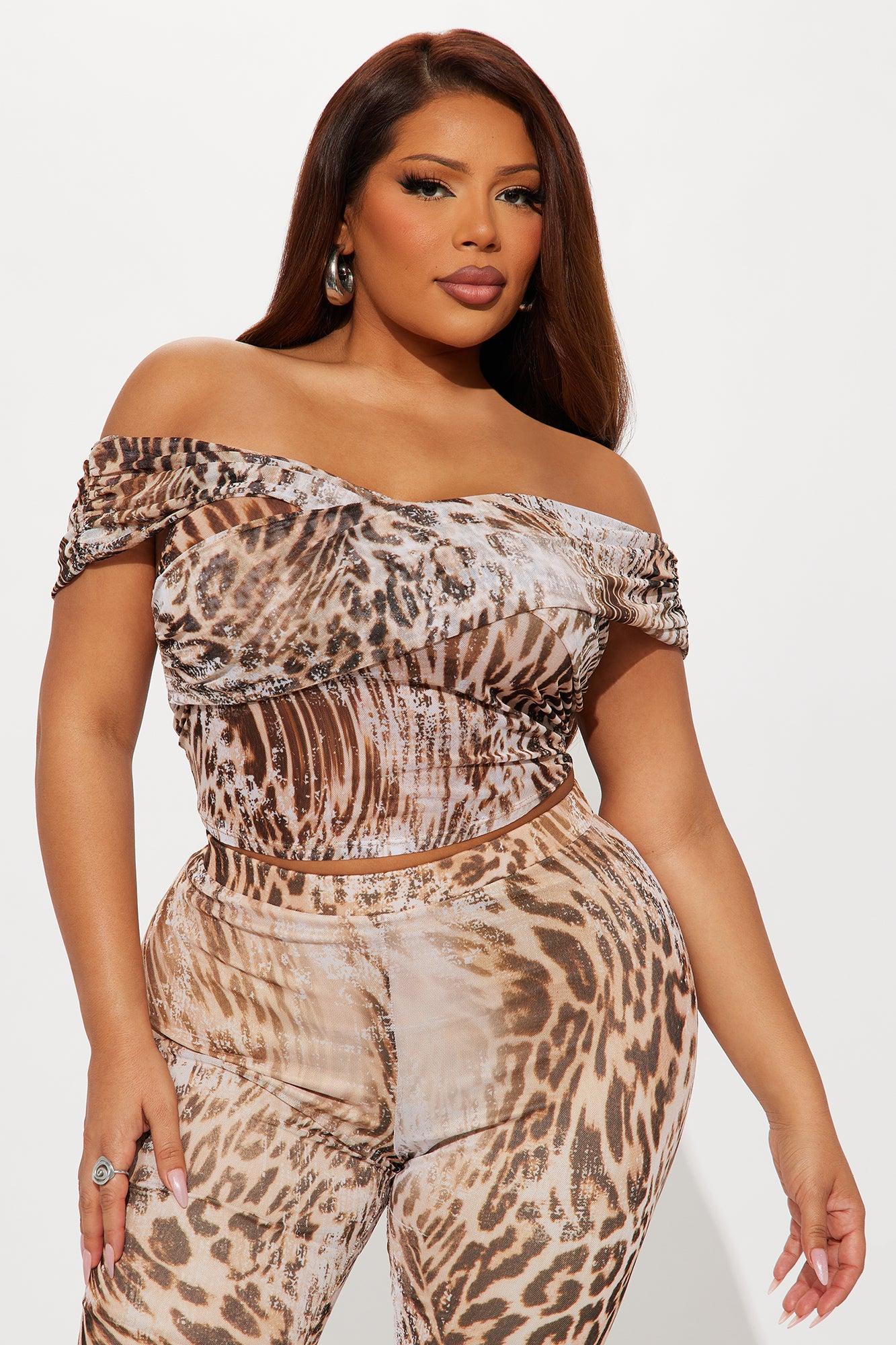 Feline Mesh Leopard Off Shoulder Capri Pant Set - Brown/combo Female Product Image