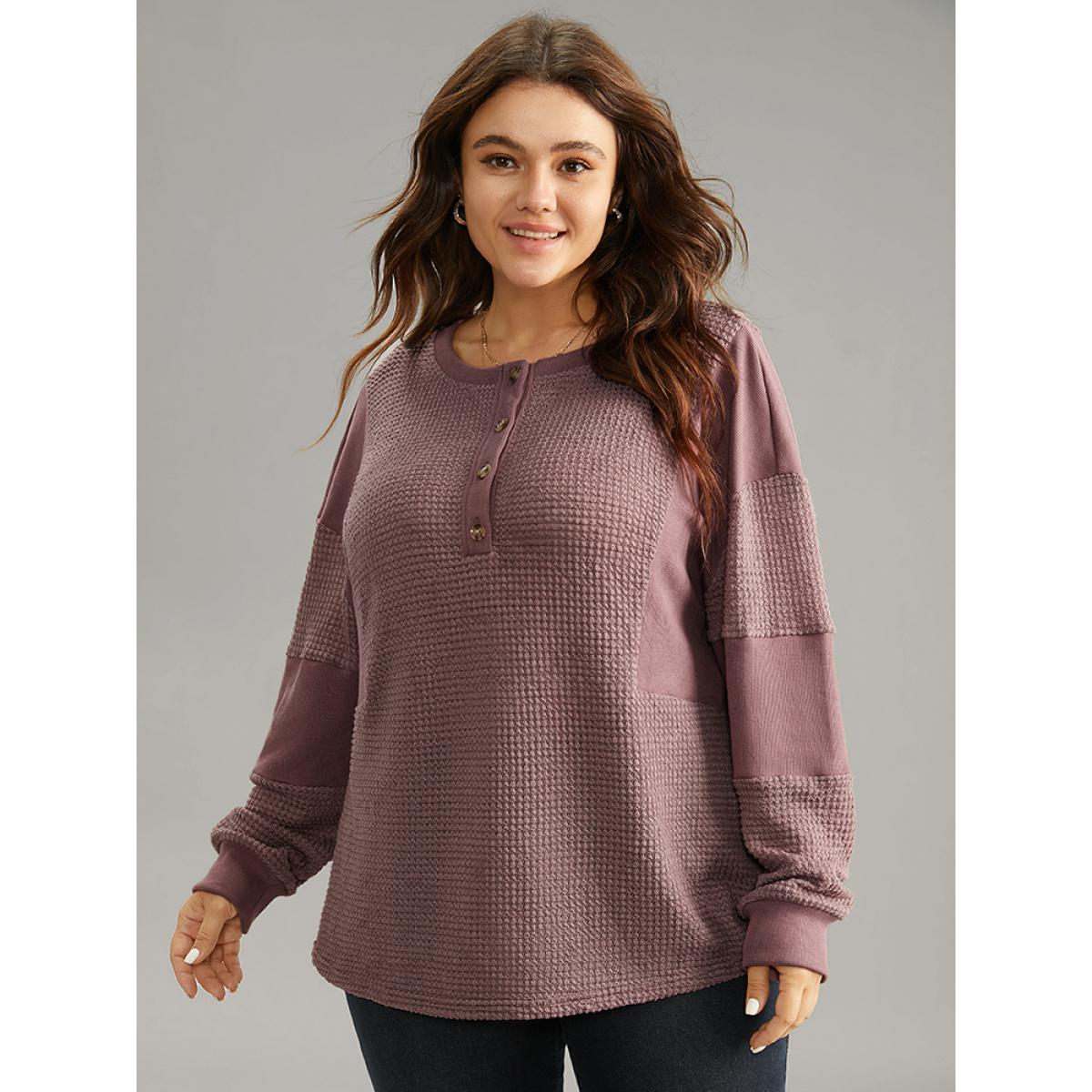 Plus Size Waffle Knit Patchwork Rib Knit Button Down Sweatshirt Women DustyPink Casual Rib Knit Open Front Dailywear Sweatshirts BloomChic 22-24/3X Product Image