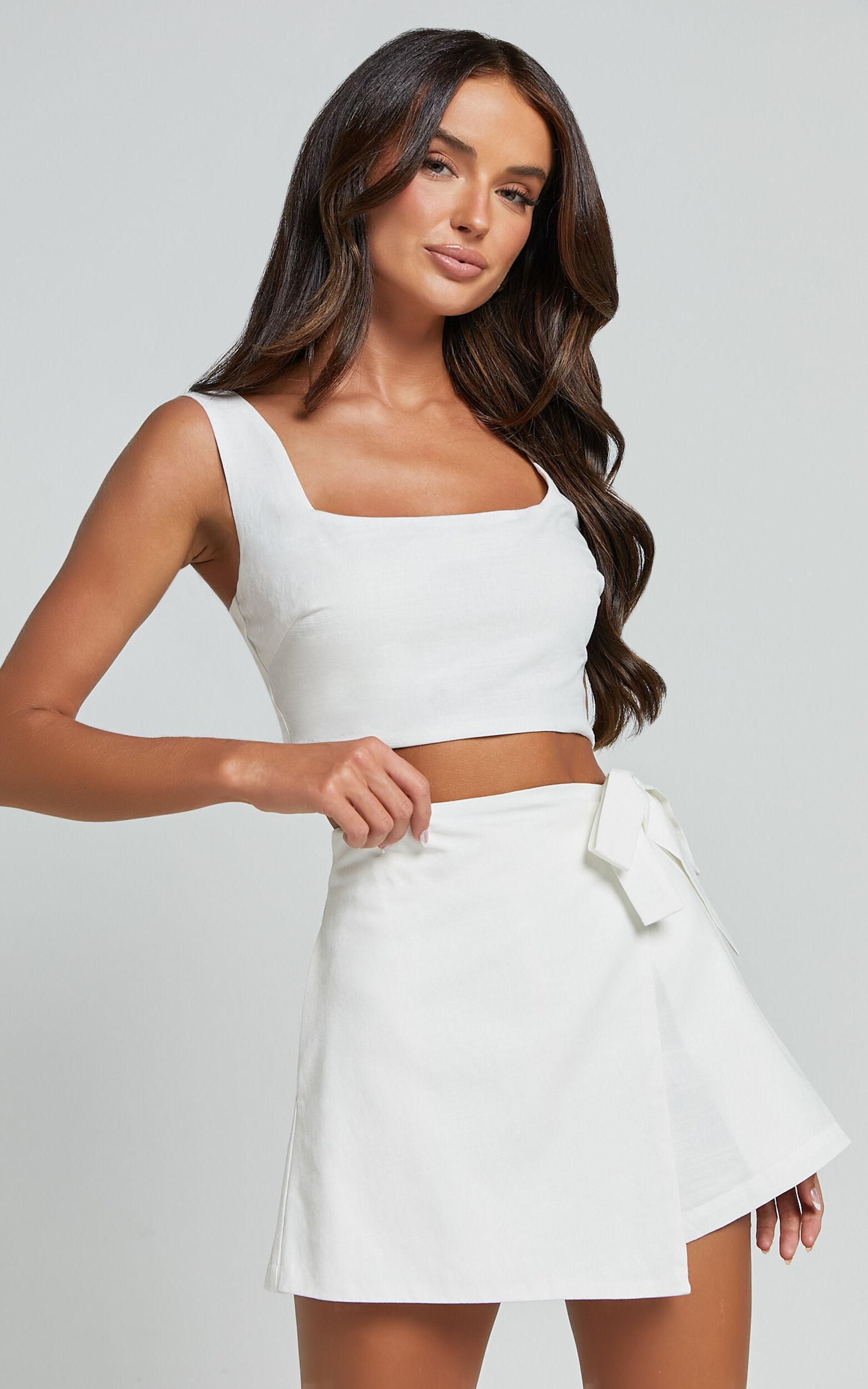 Polina Two Piece Set - Linen Square Neck Crop Top and Tie Waist Skort Set in White Product Image