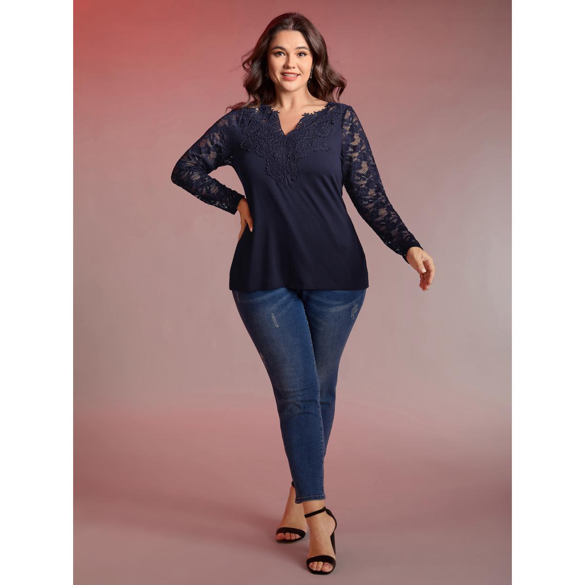 Plus Size Sheer Lace Fitted Solid T-Shirt Indigo Women Timeless See through Notched collar Bodycon Elegant T-shirts BloomChic 22-24/3X Product Image