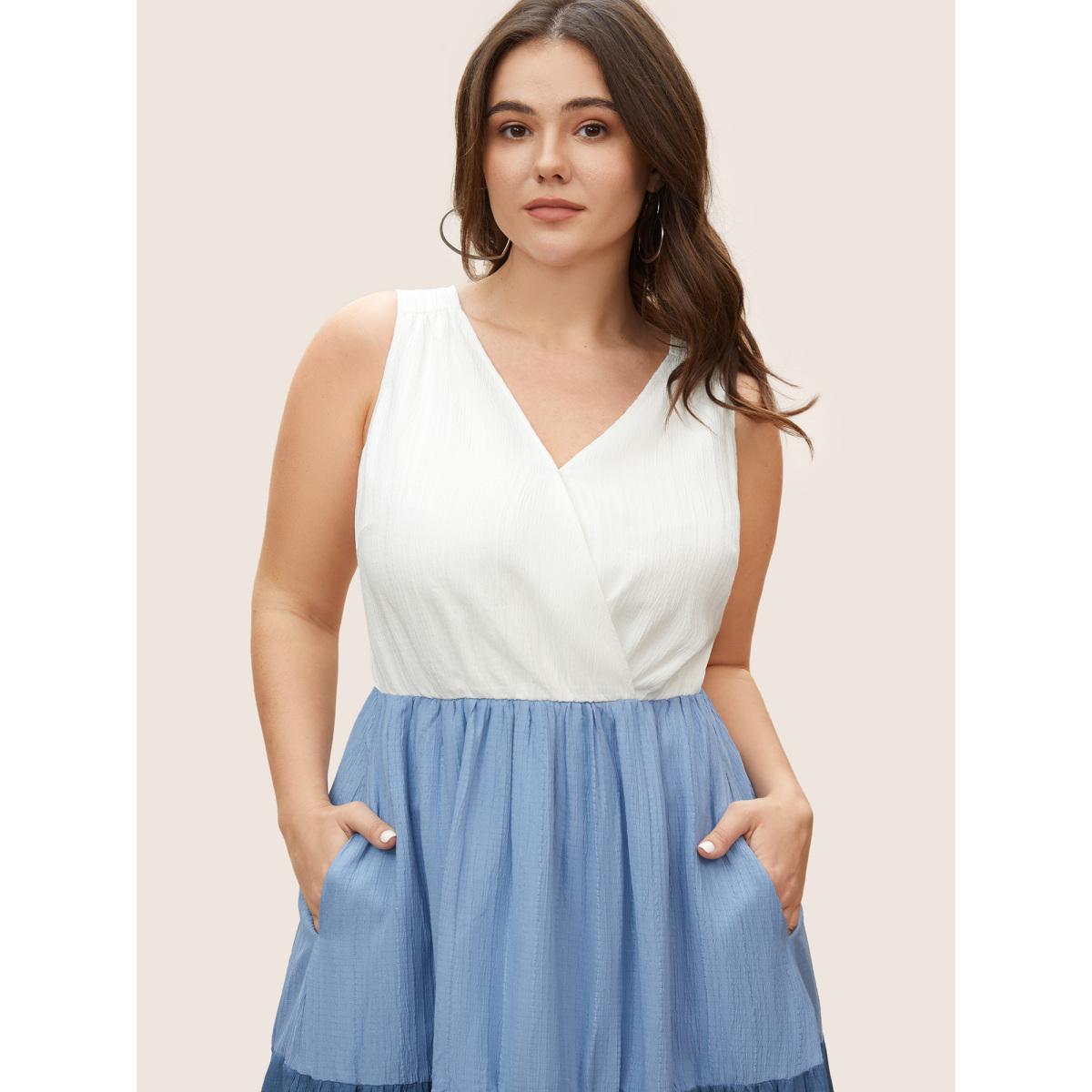 Plus Size Colorblock Contrast Ruffle Layered Hem Dress Blue Women Casual Overlapping V-neck Sleeveless Curvy BloomChic 14-16/1X Product Image