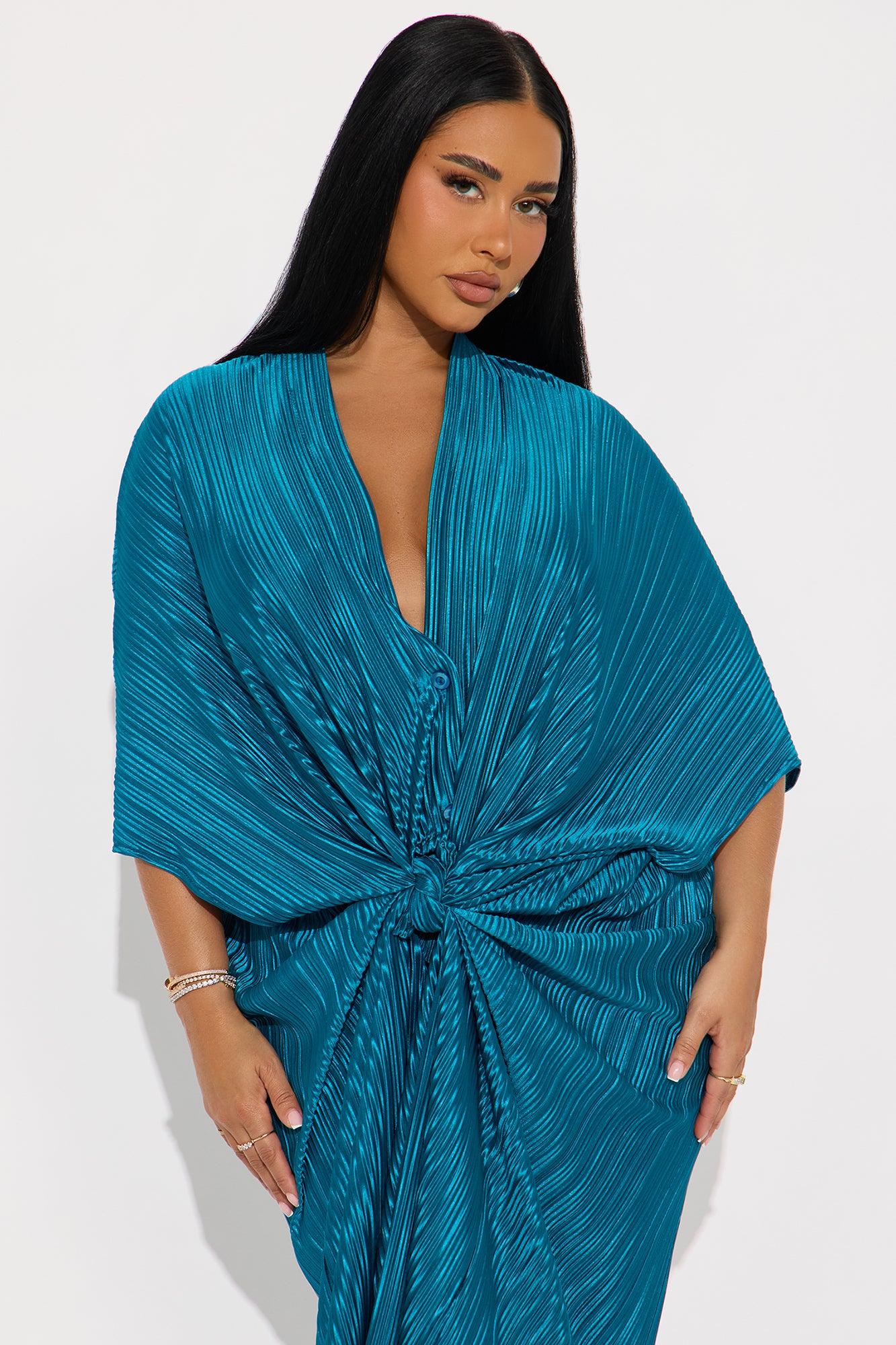 Isa Plisse Maxi Shirt Dress - Teal Female Product Image