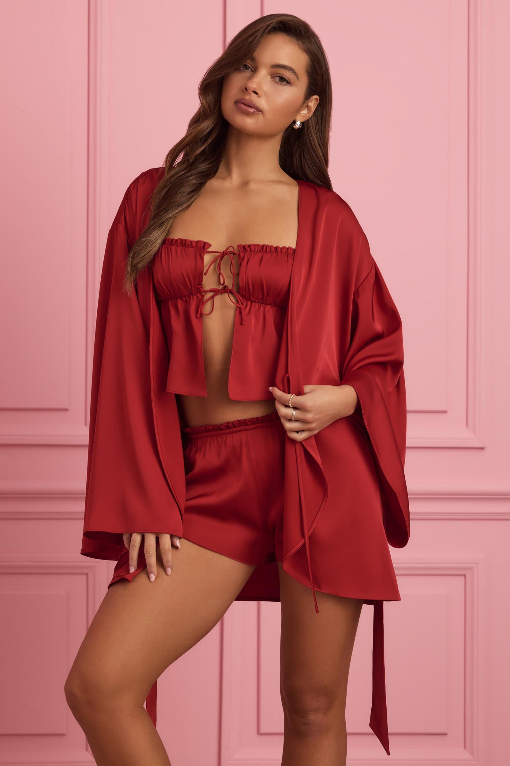 Embellished Wrap-Over Robe in Ruby Red Female Product Image