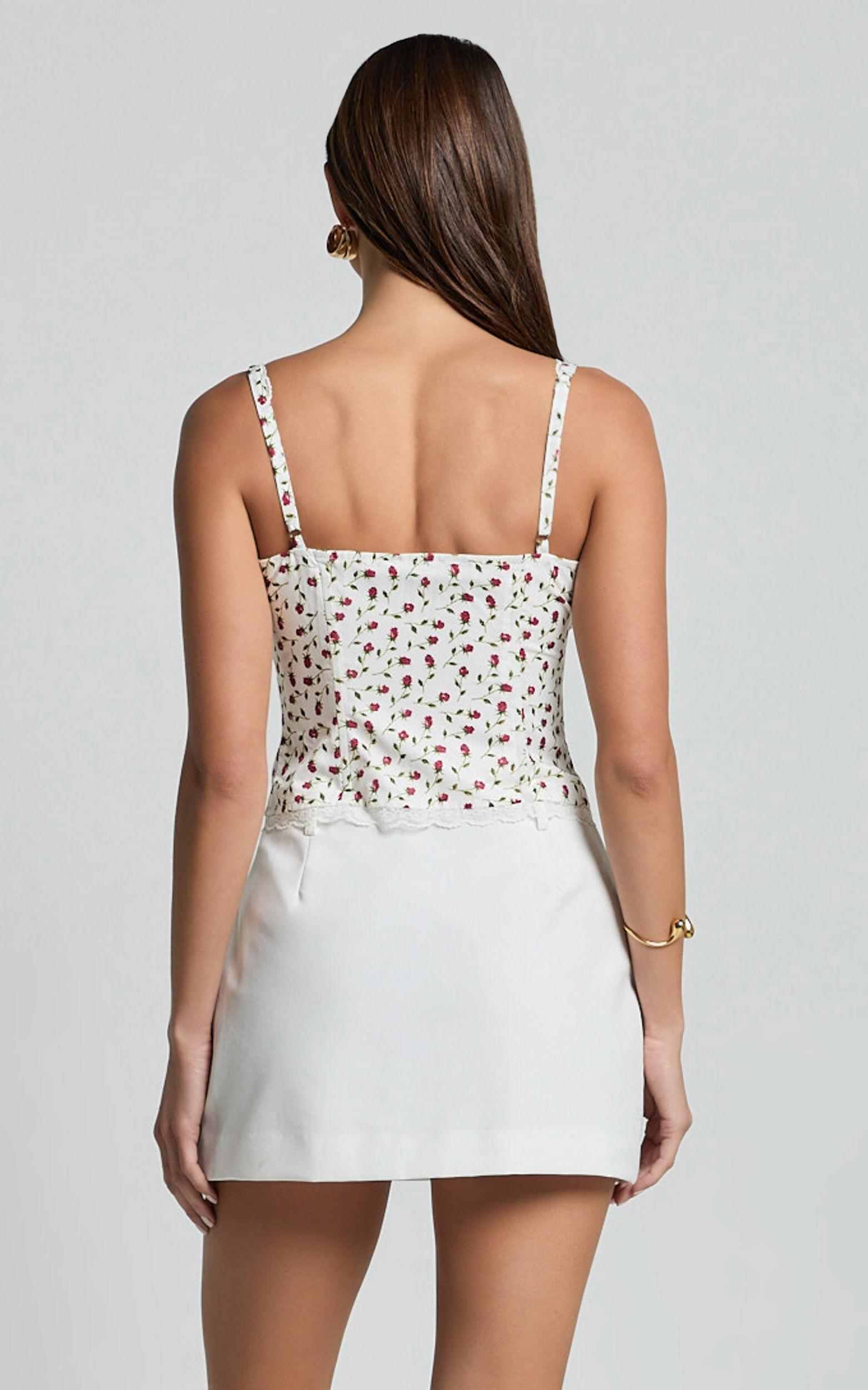 Naya Top - Button Down Tie Front Milk Maid Corset Top in Cream Rose Print Product Image