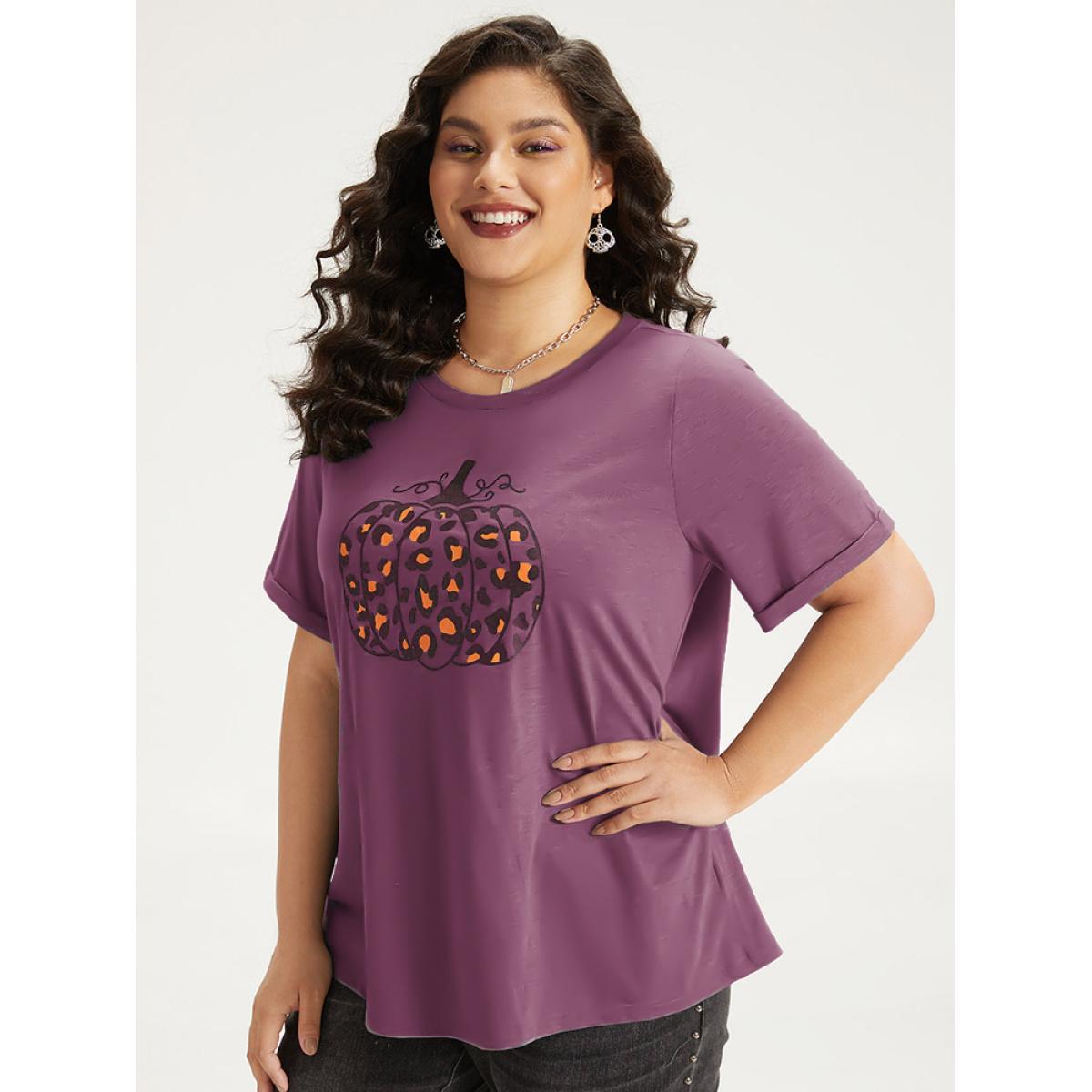 Plus Size Halloween Pumpkin Print Crew Neck T-shirt DustyPink Women Casual Printed Halloween Dailywear T-shirts BloomChic 12/L Product Image