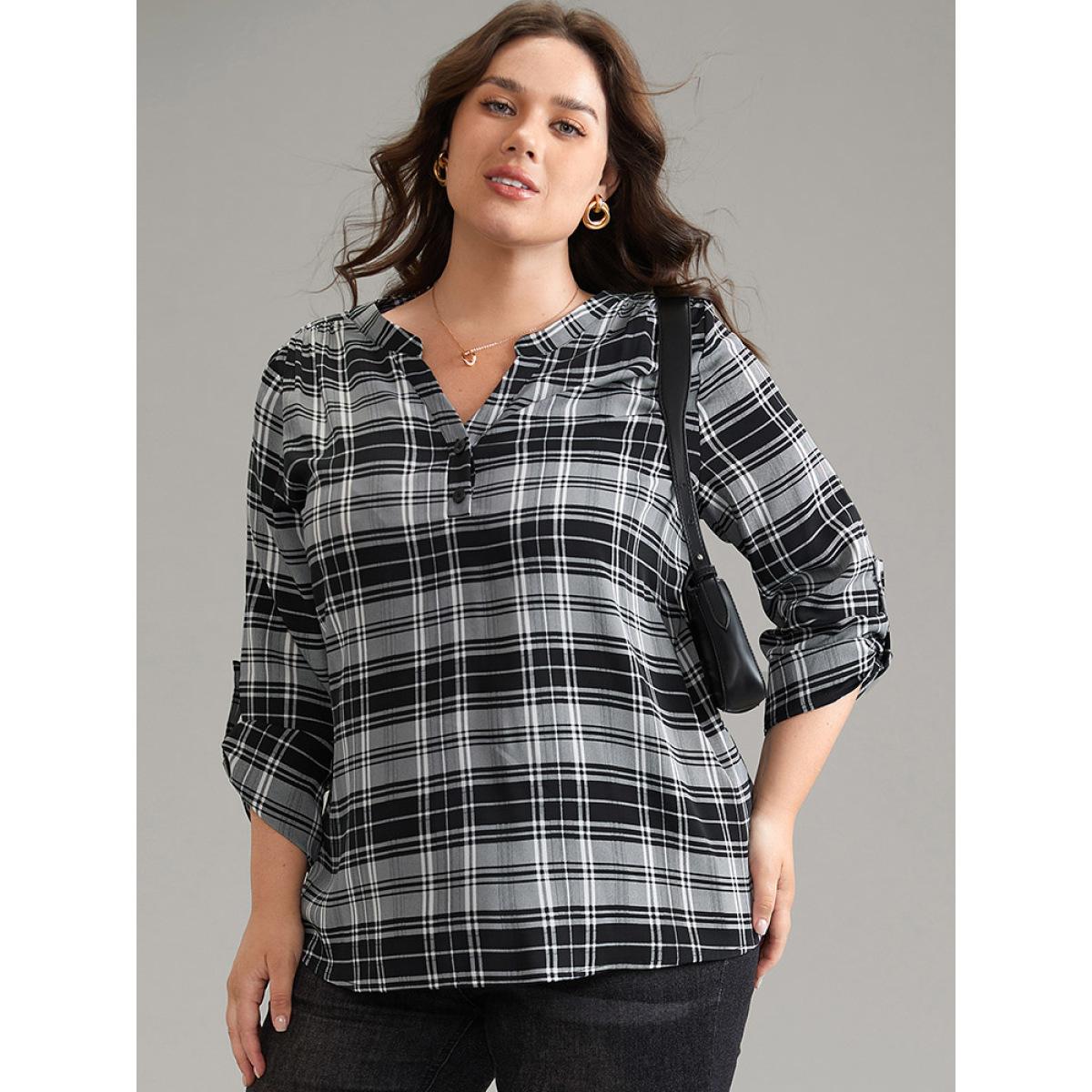 Plus Size Black Plaid Notched Button Up Tab Sleeve Blouse Women Office Elbow-length sleeve Notched collar Work Blouses BloomChic 18-20/2X Product Image