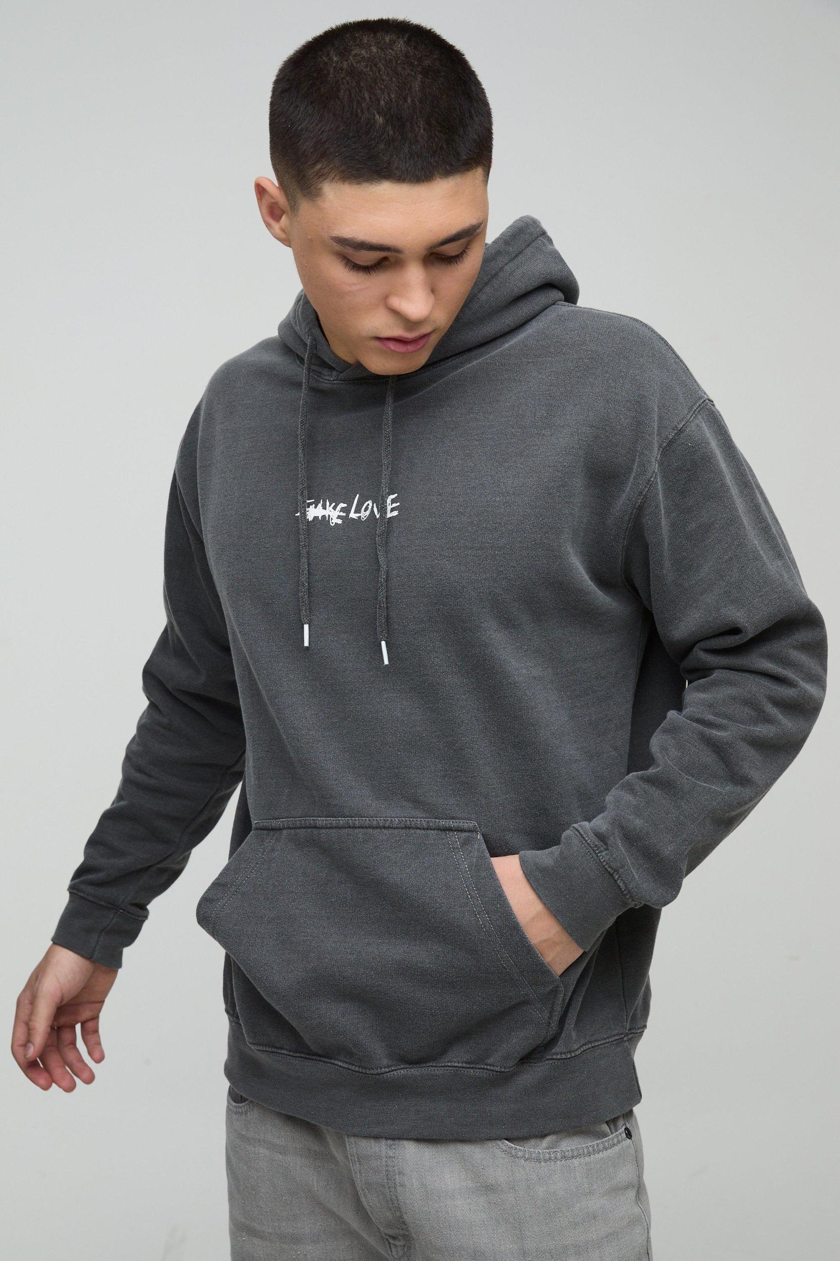 Regular Fit Washed Stay True Text Graphic Hoodie | boohooMAN USA Product Image